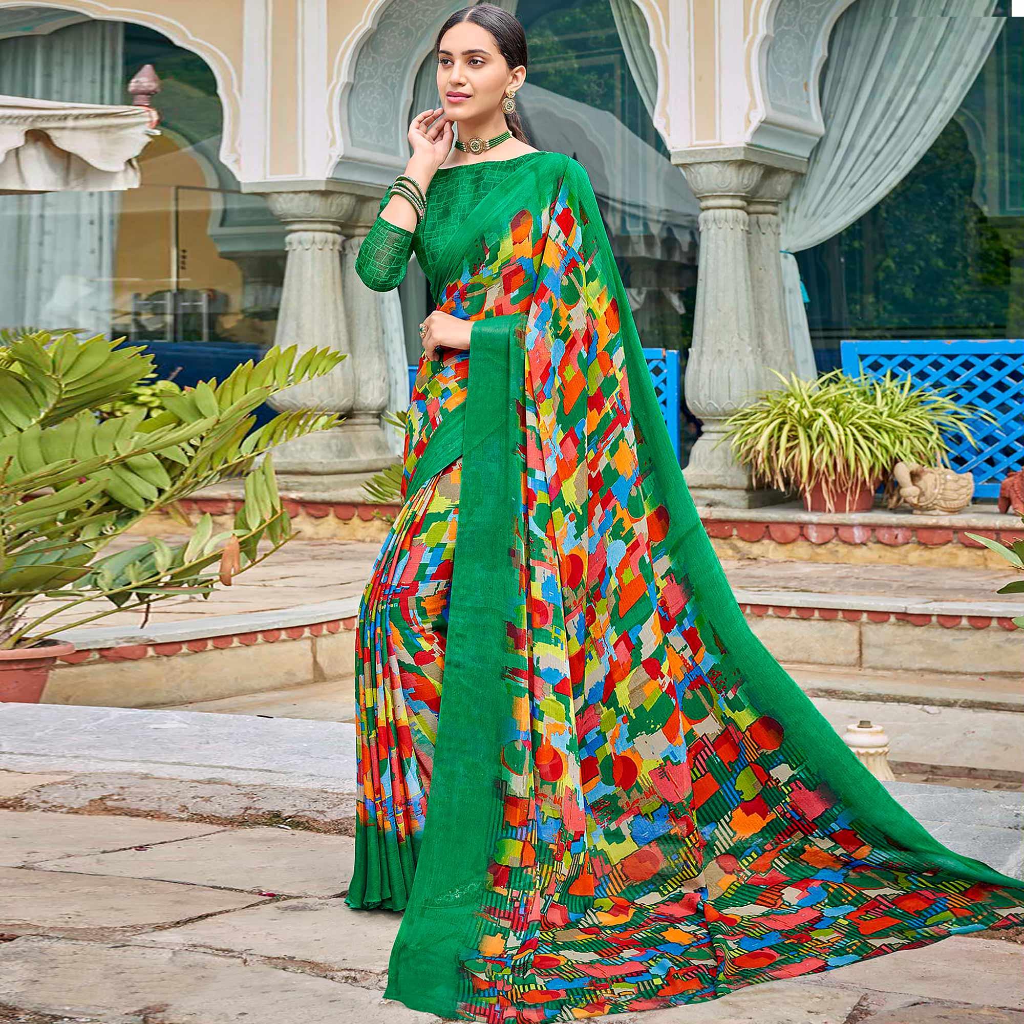 Green Geometric Printed Chiffon Saree - Peachmode