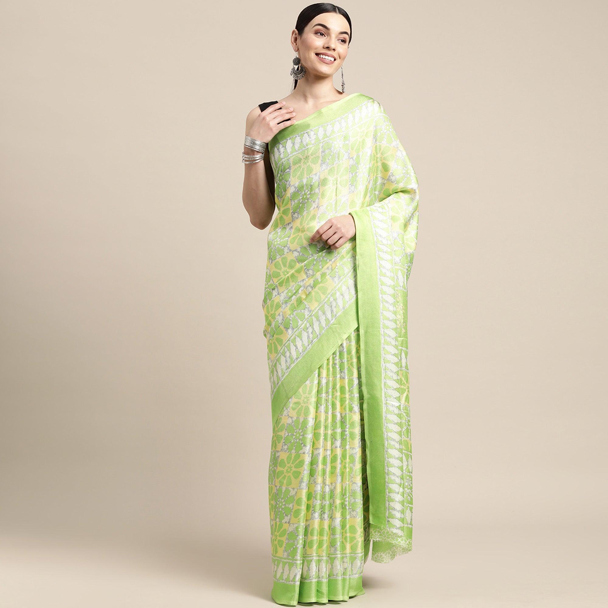 Green Geometric Printed Cotton Silk Saree - Peachmode