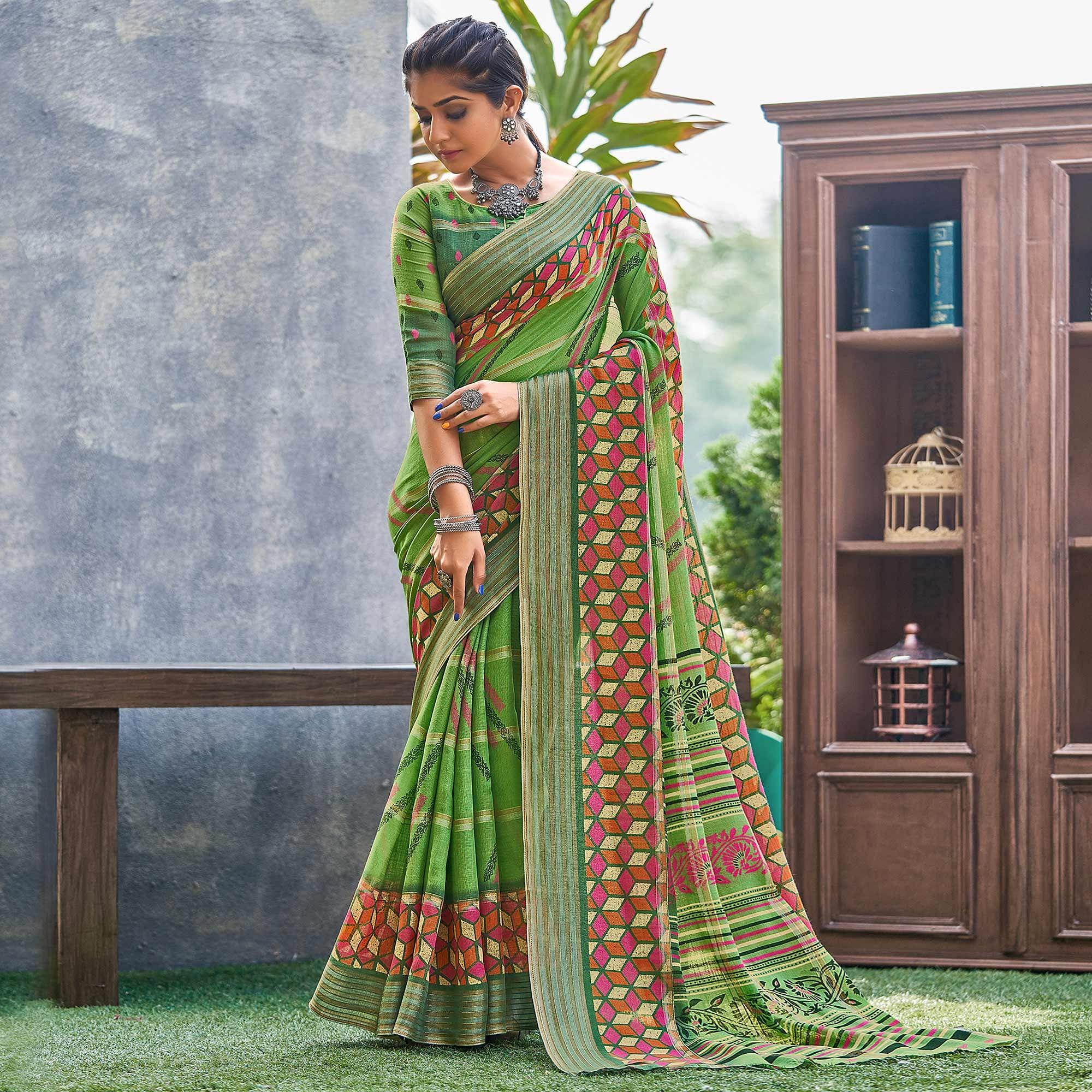 Green Geometric Printed Linen Saree - Peachmode
