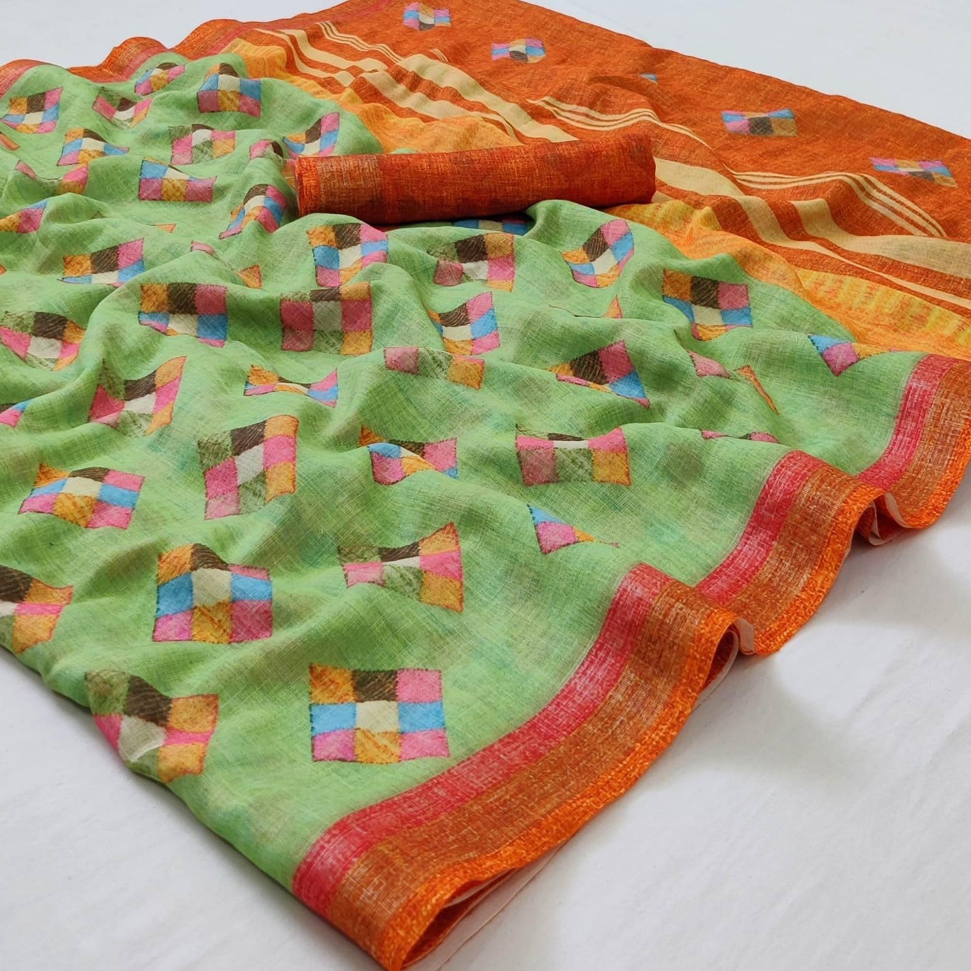 Green Geometric Printed Linen Saree - Peachmode