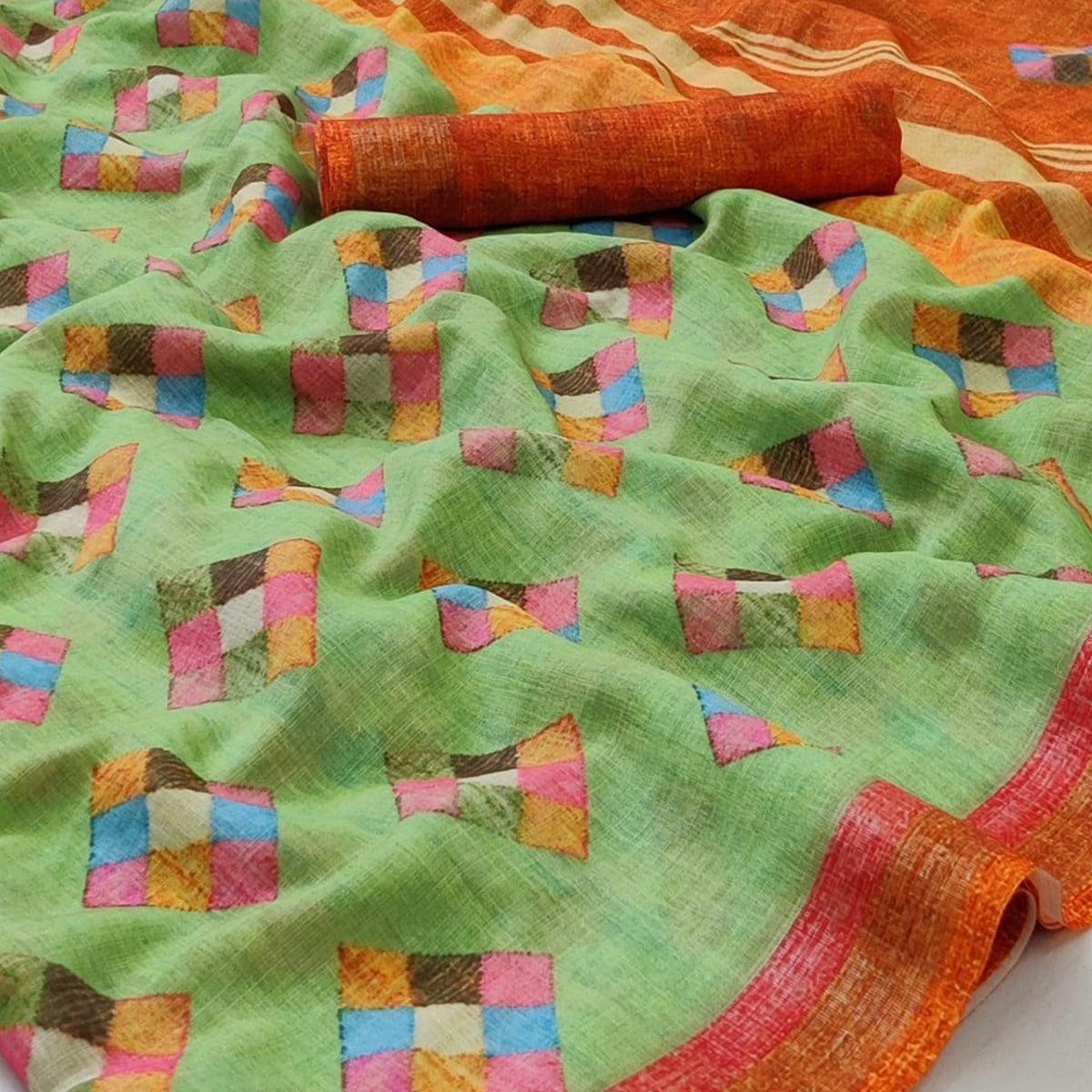 Green Geometric Printed Linen Saree - Peachmode