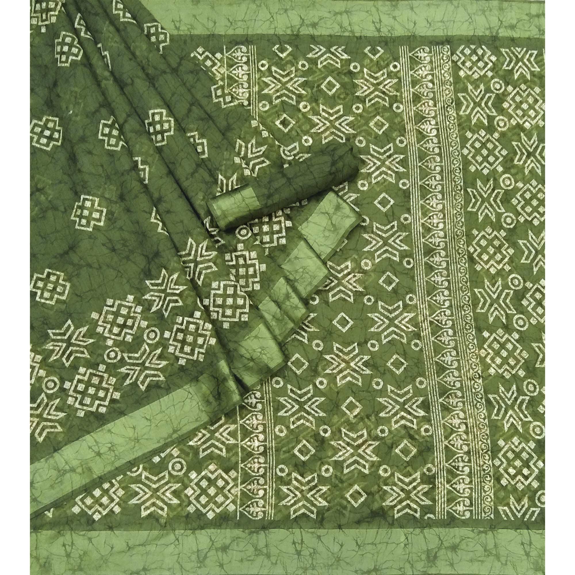 Green Geometric Printed Linen Saree - Peachmode