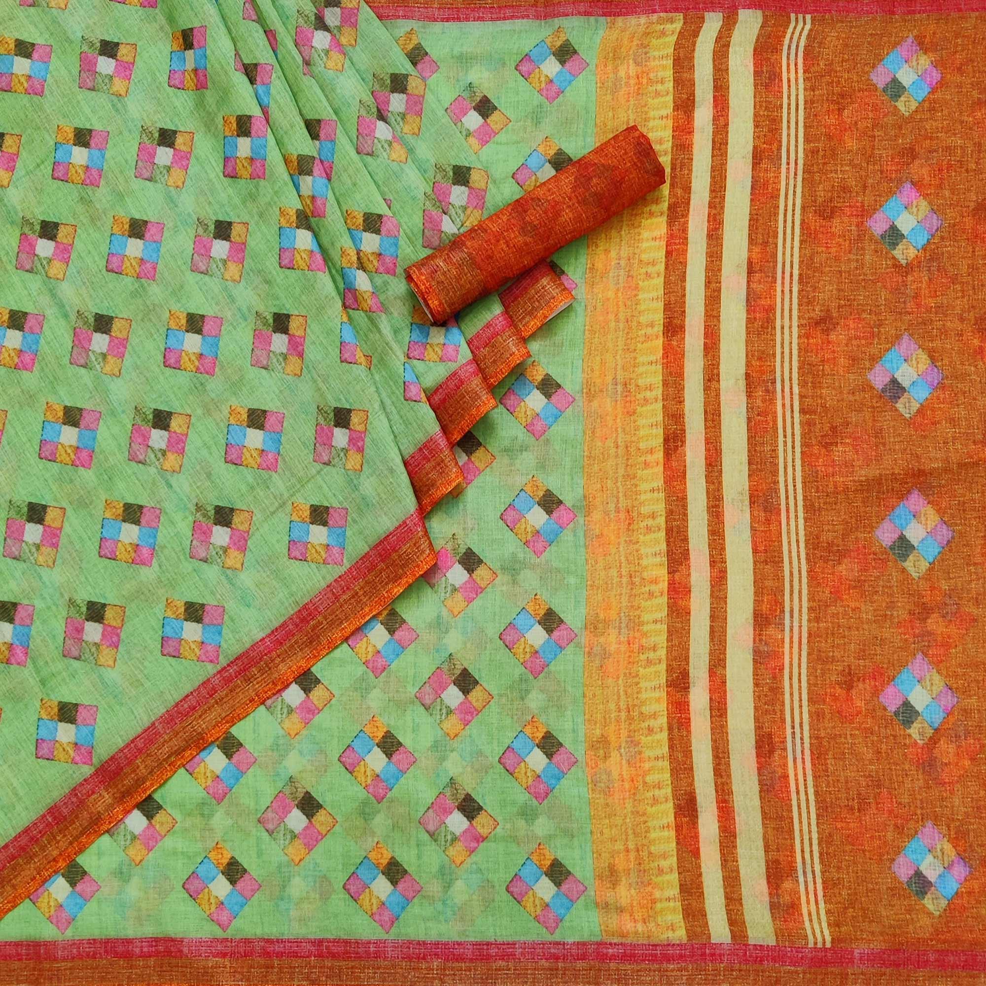 Green Geometric Printed Linen Saree - Peachmode