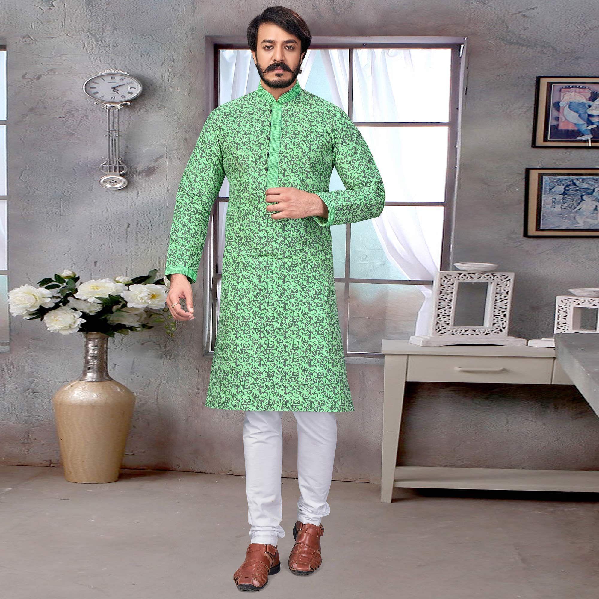 Green Geometric Printed Poly Cotton Kurta Pyjama Set - Peachmode