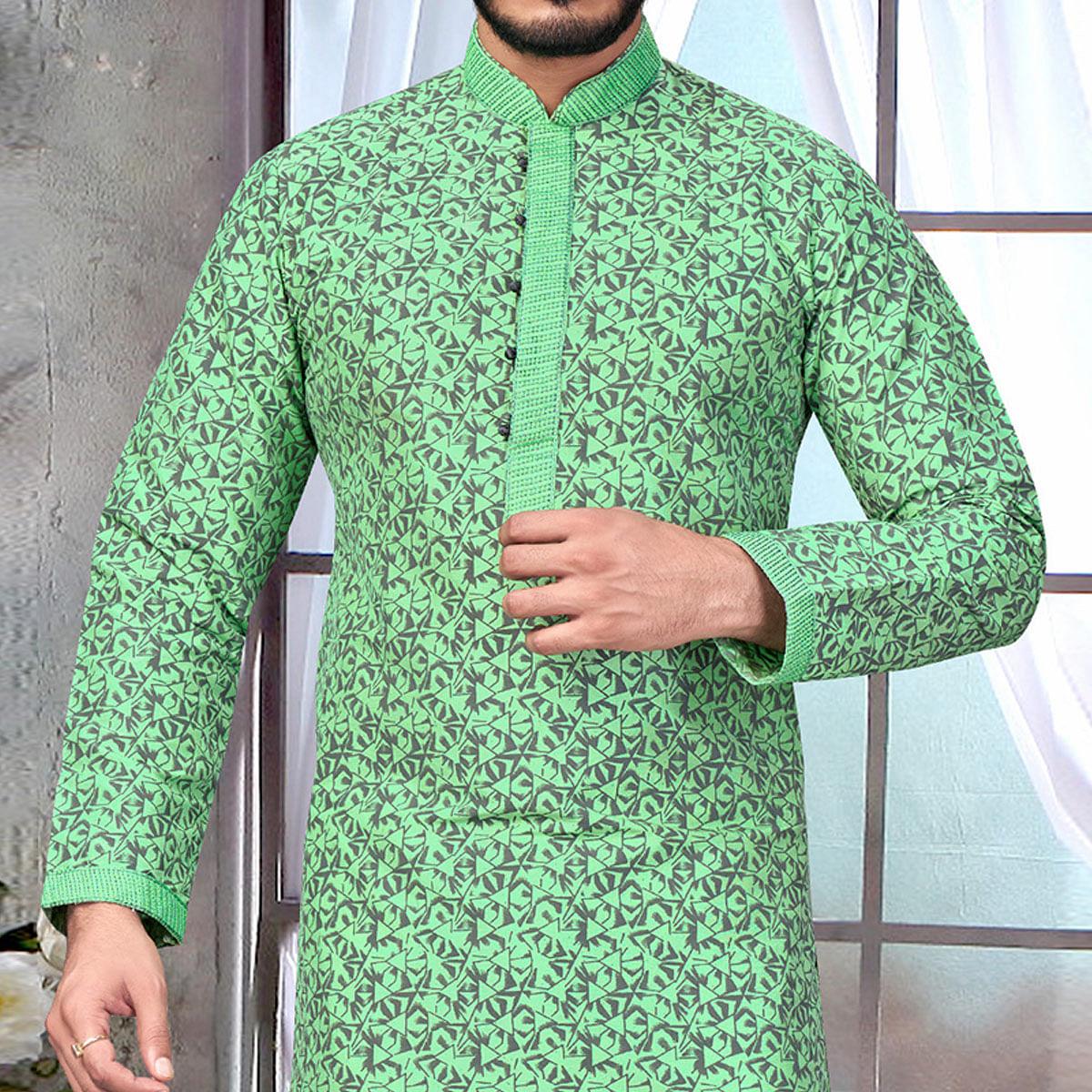 Green Geometric Printed Poly Cotton Kurta Pyjama Set - Peachmode