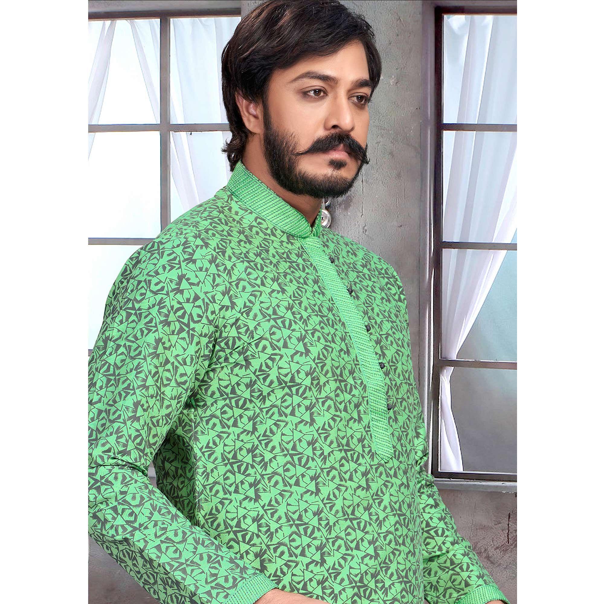 Green Geometric Printed Poly Cotton Kurta Pyjama Set - Peachmode