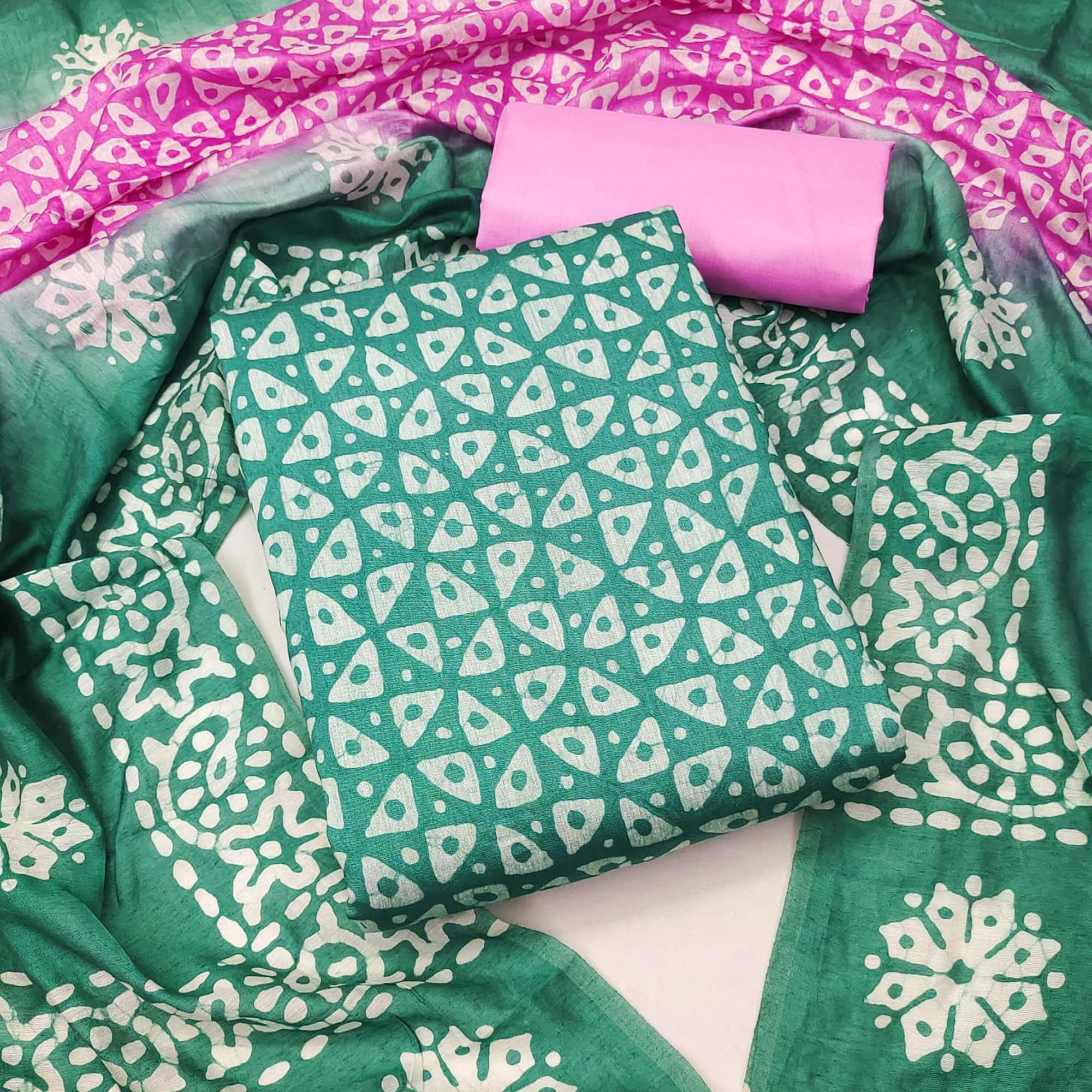 Green Geometric Printed Pure Cotton Dress Material - Peachmode