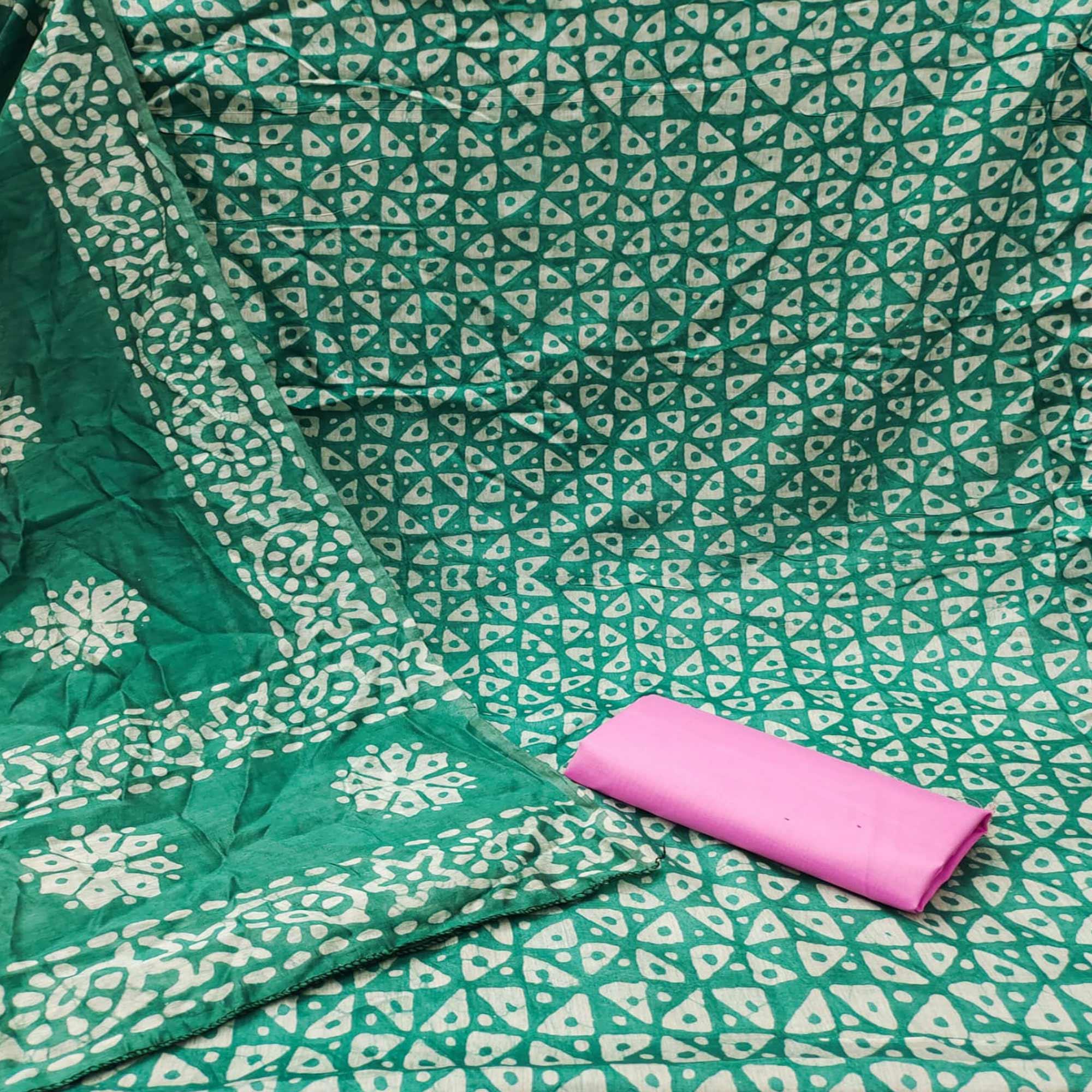 Green Geometric Printed Pure Cotton Dress Material - Peachmode
