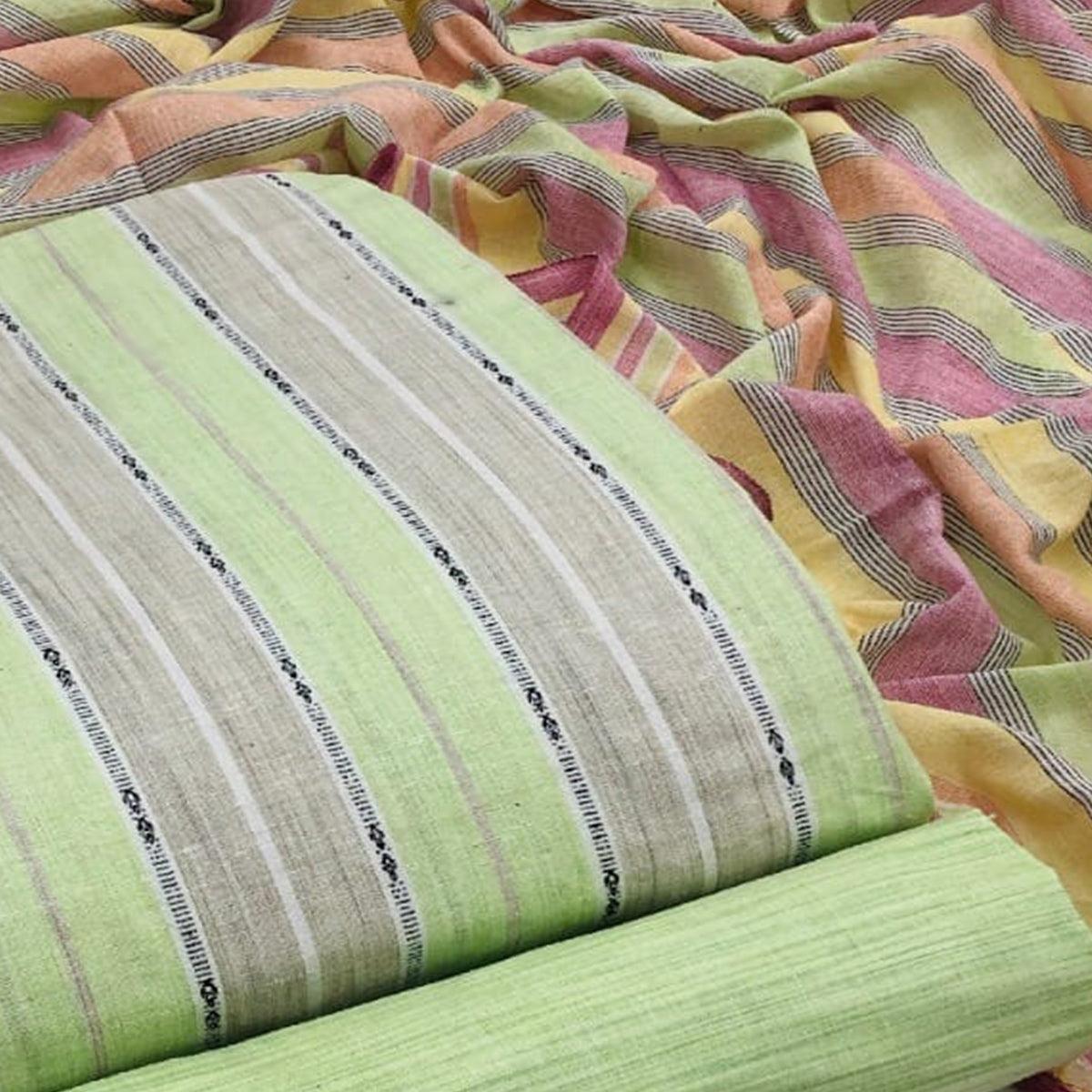 Green-Grey Embroidered Pure Cotton Dress Material - Peachmode