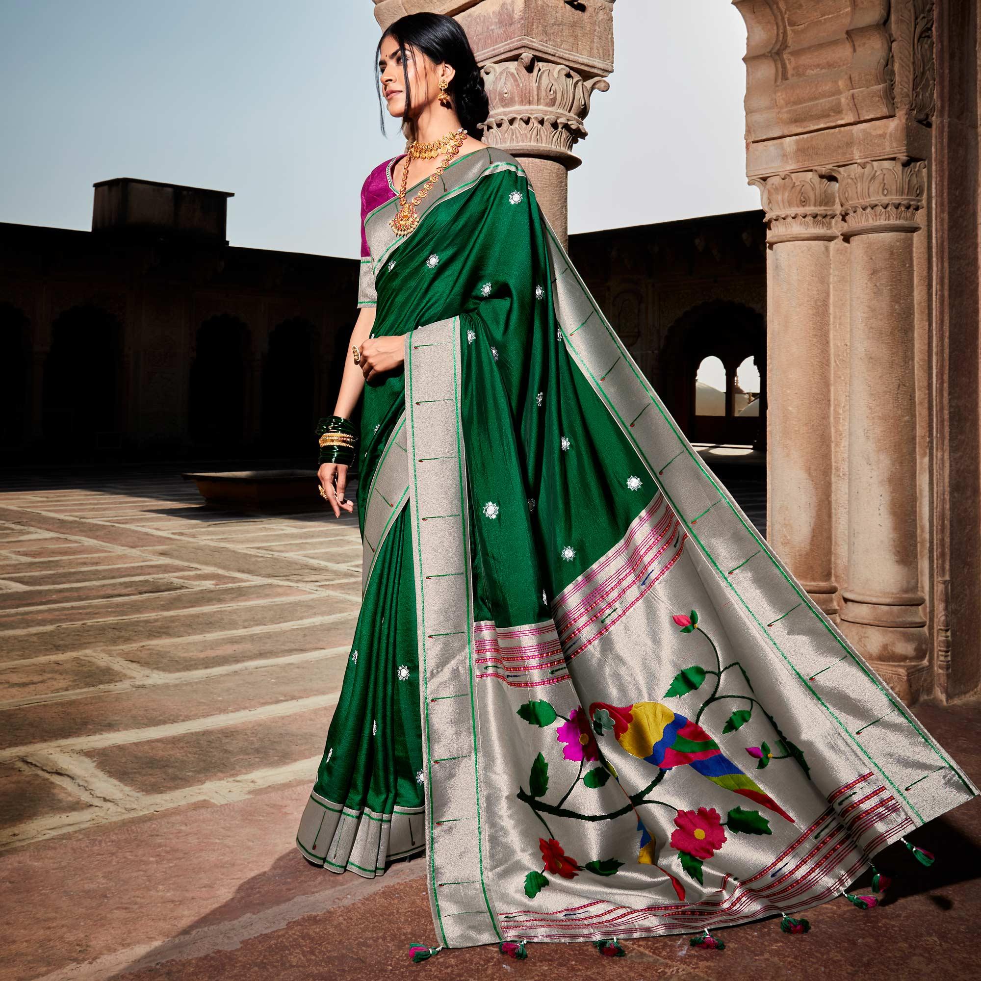 Green-Grey Festive Wear Floral Woven Silk Saree - Peachmode