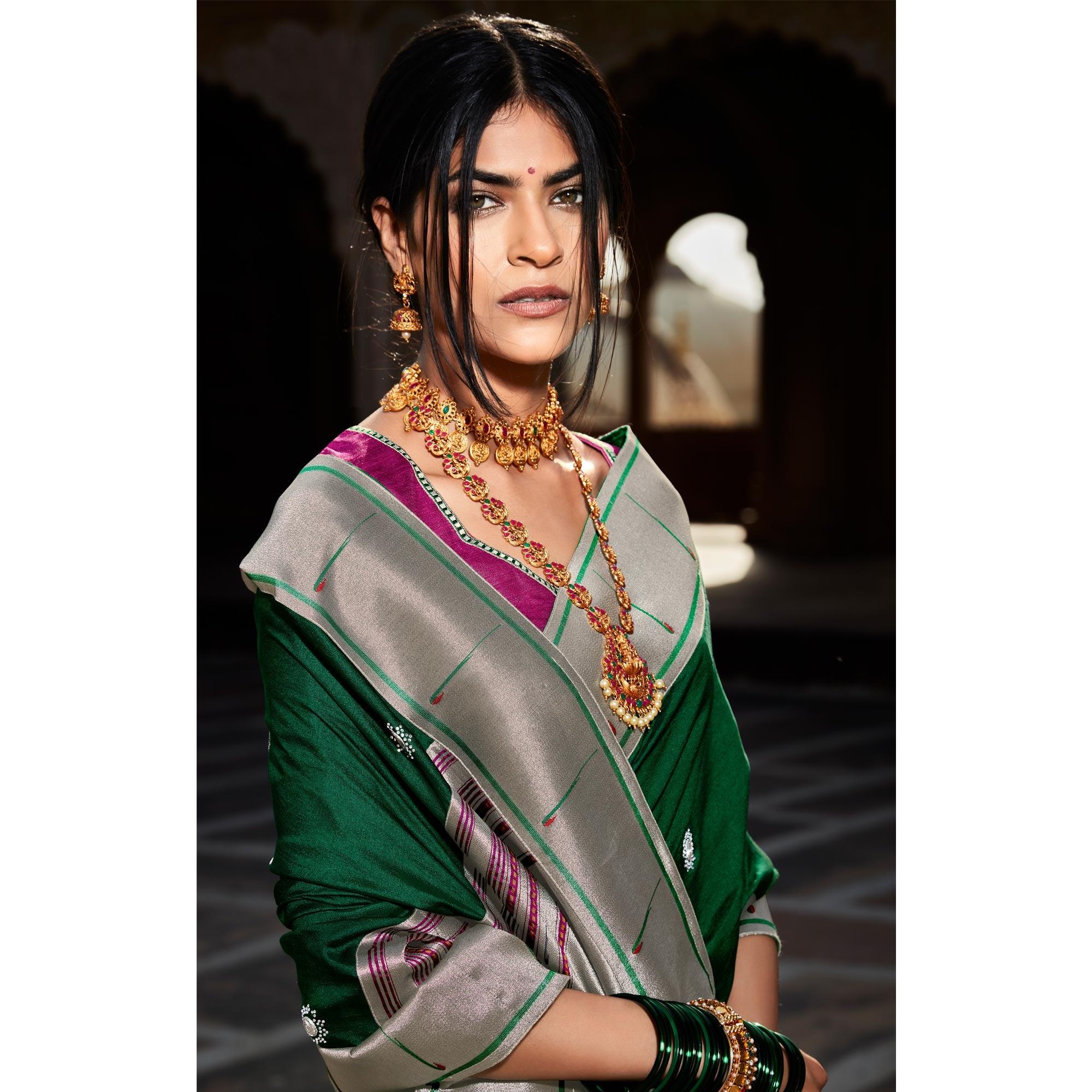 Green-Grey Festive Wear Floral Woven Silk Saree - Peachmode