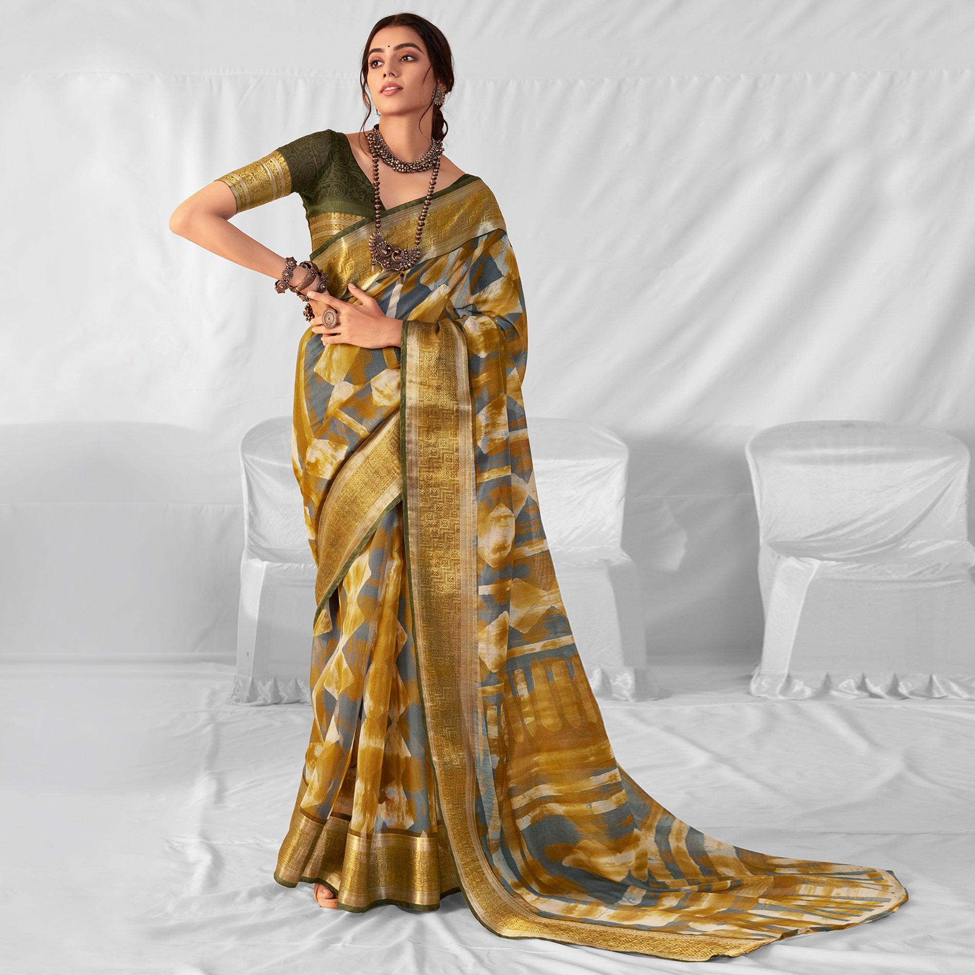 Green-Grey Woven-Printed Chanderi Saree - Peachmode