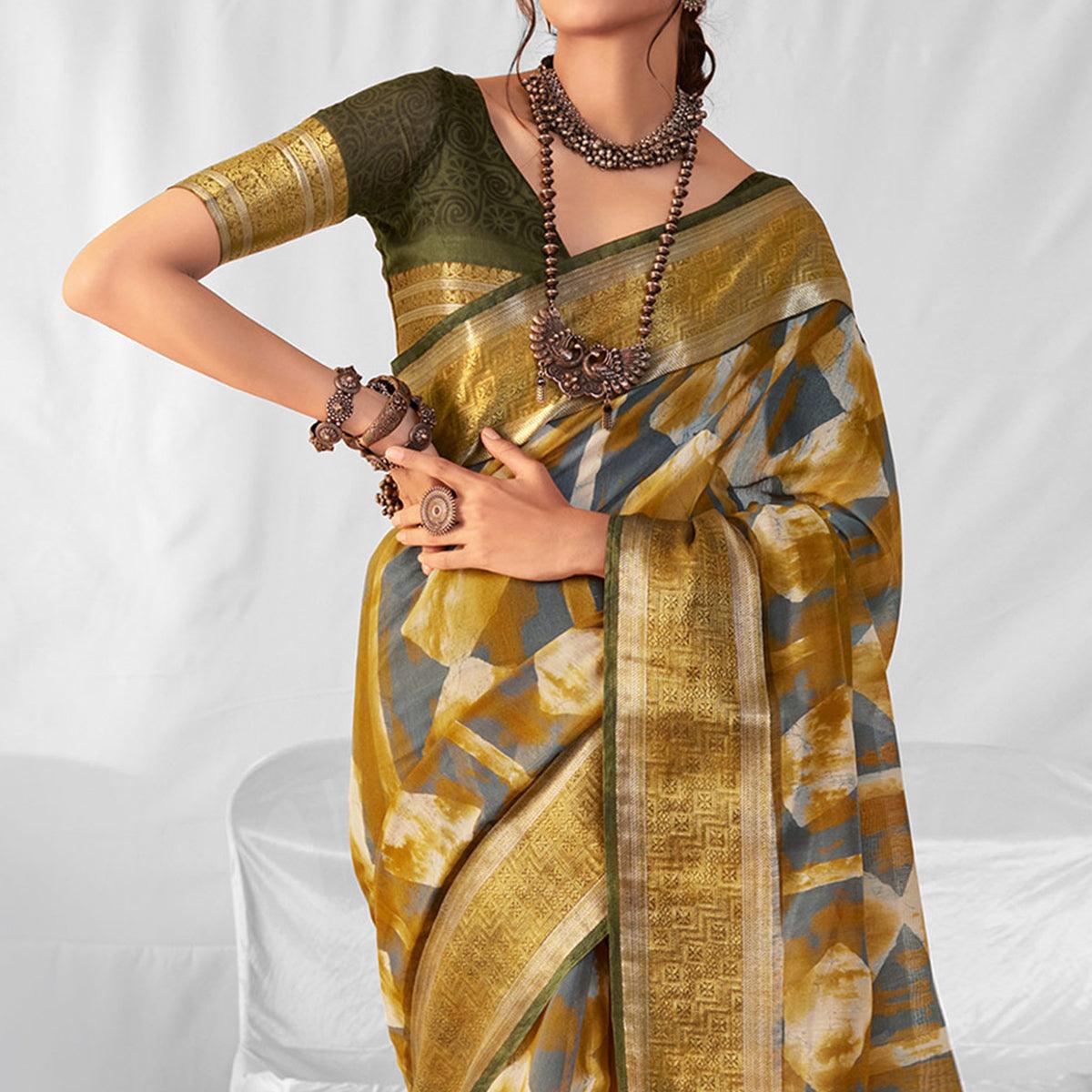 Green-Grey Woven-Printed Chanderi Saree - Peachmode