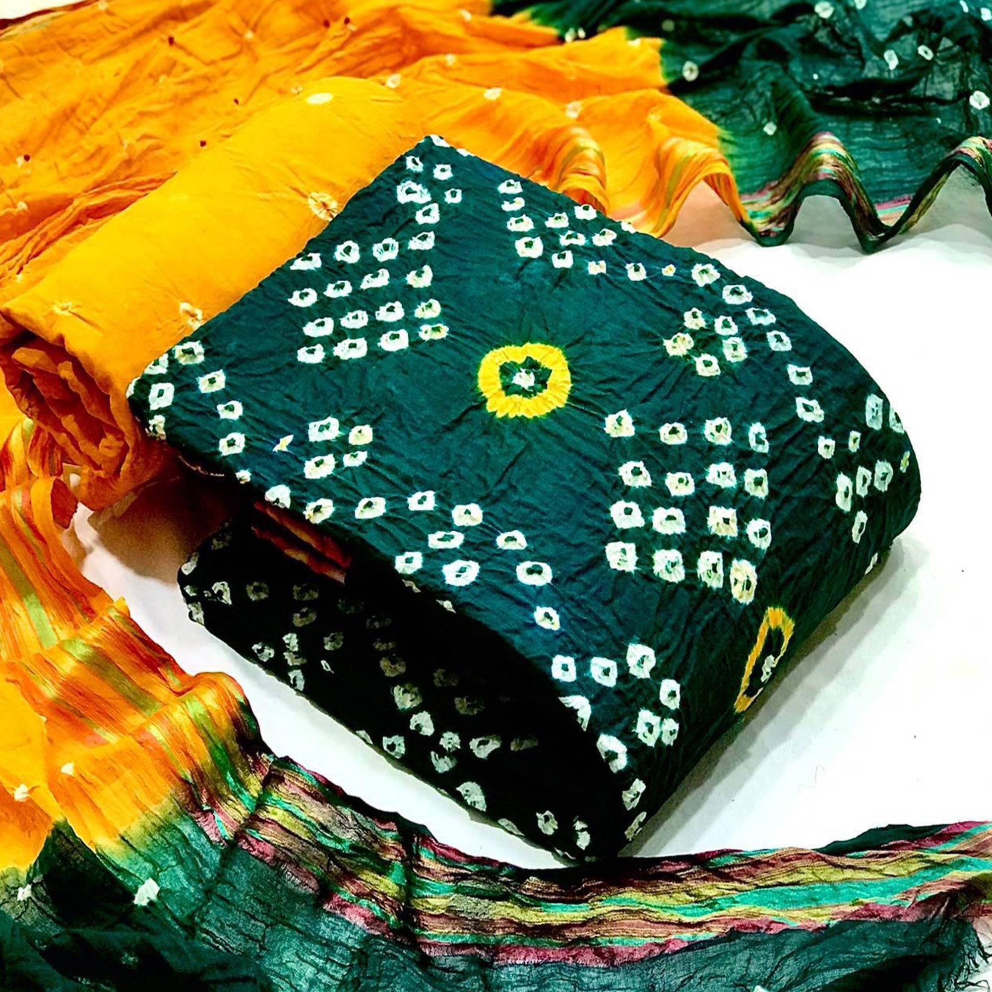 Green Hand Bandhani Printed Pure Cotton Dress Material - Peachmode