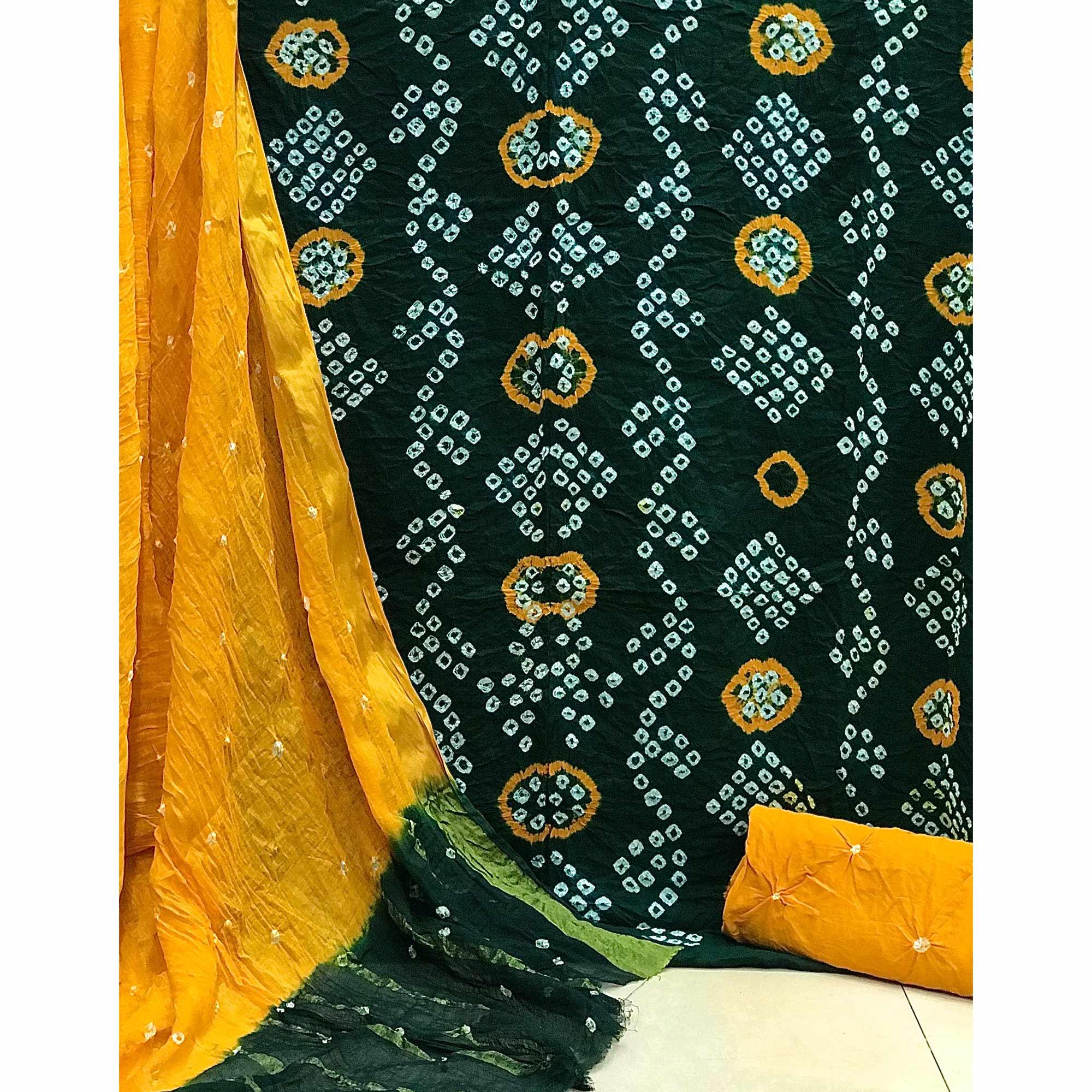 Green Hand Bandhani Printed Pure Cotton Dress Material - Peachmode