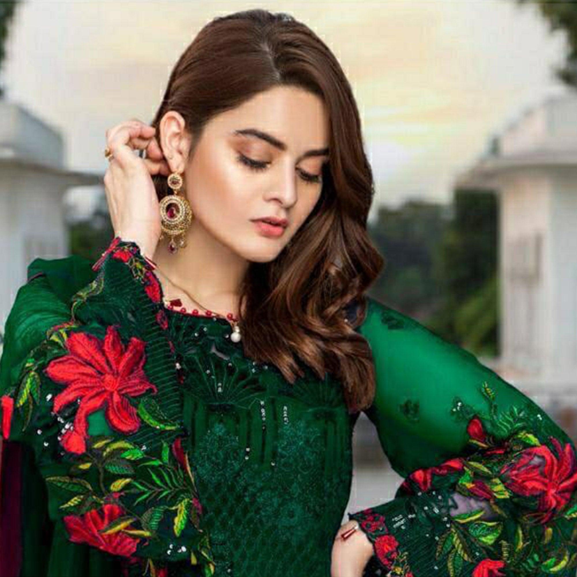 Green Heavy Floral Embroidery Work Georgette Partywear Suit - Peachmode