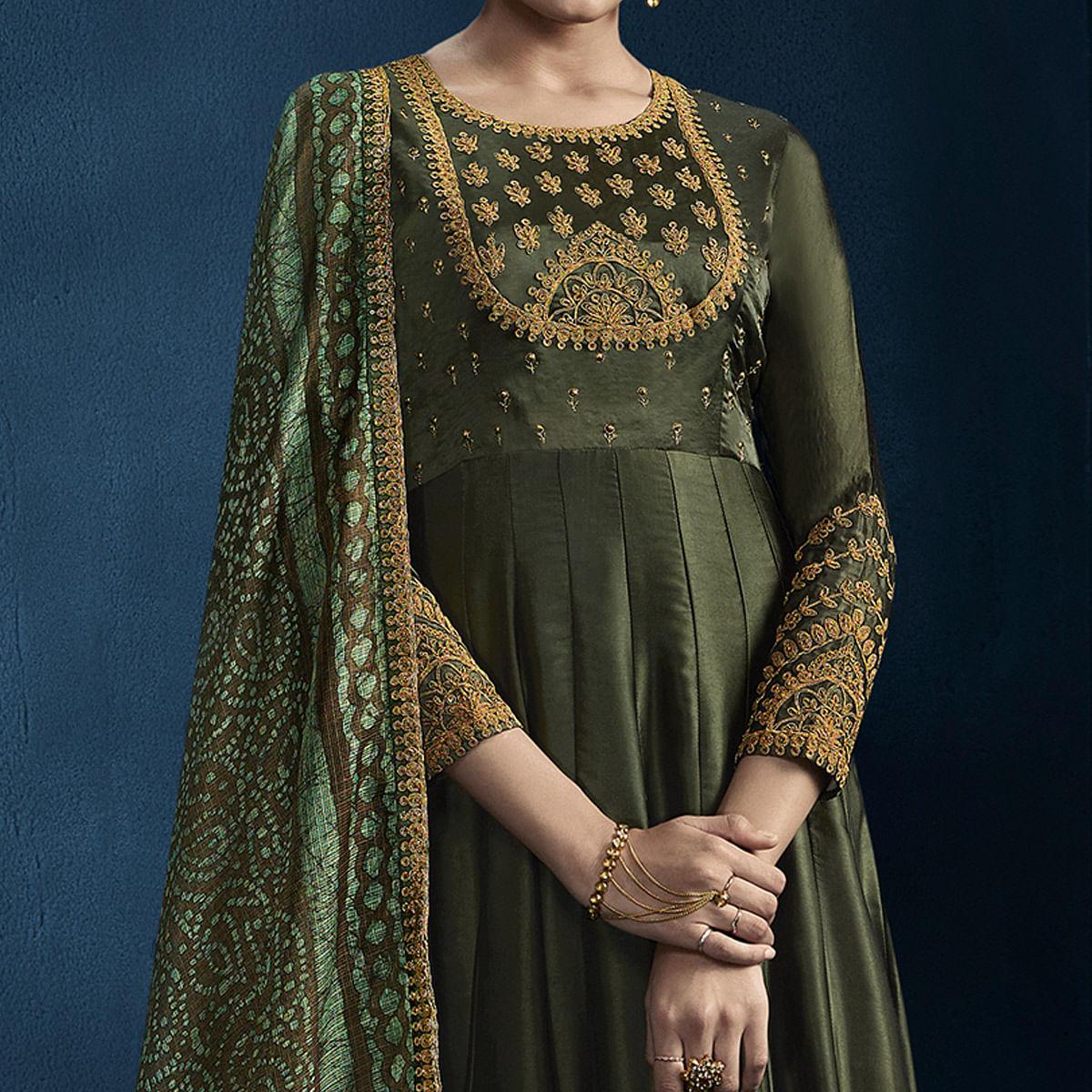 Green Heavy Work Georgette Partywear Suit - Peachmode