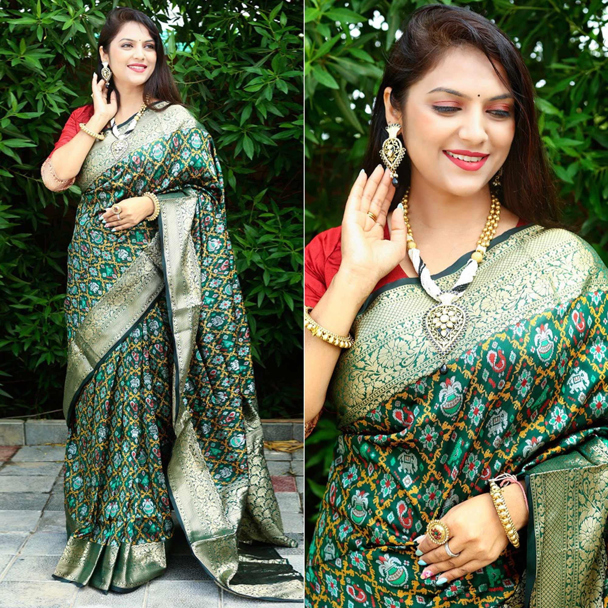 Green Ikkat Printed Art Silk Saree - Peachmode