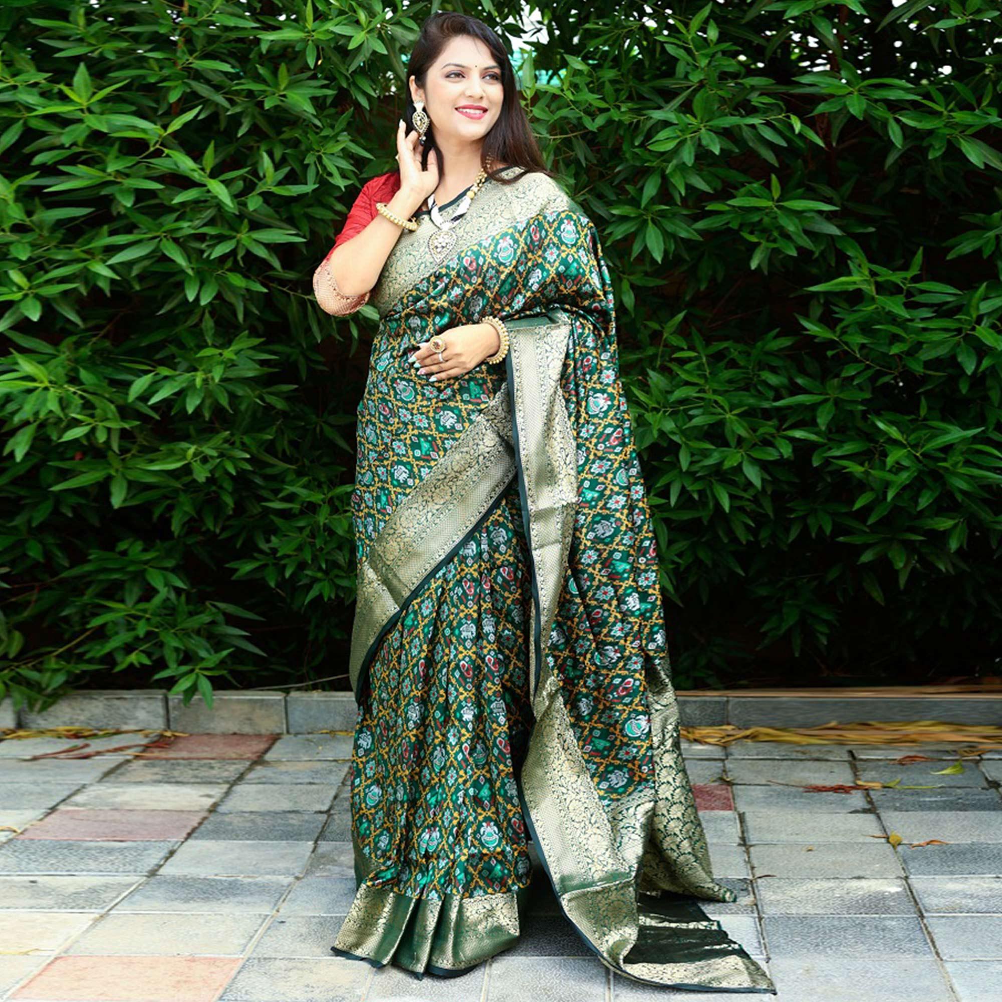 Green Ikkat Printed Art Silk Saree - Peachmode