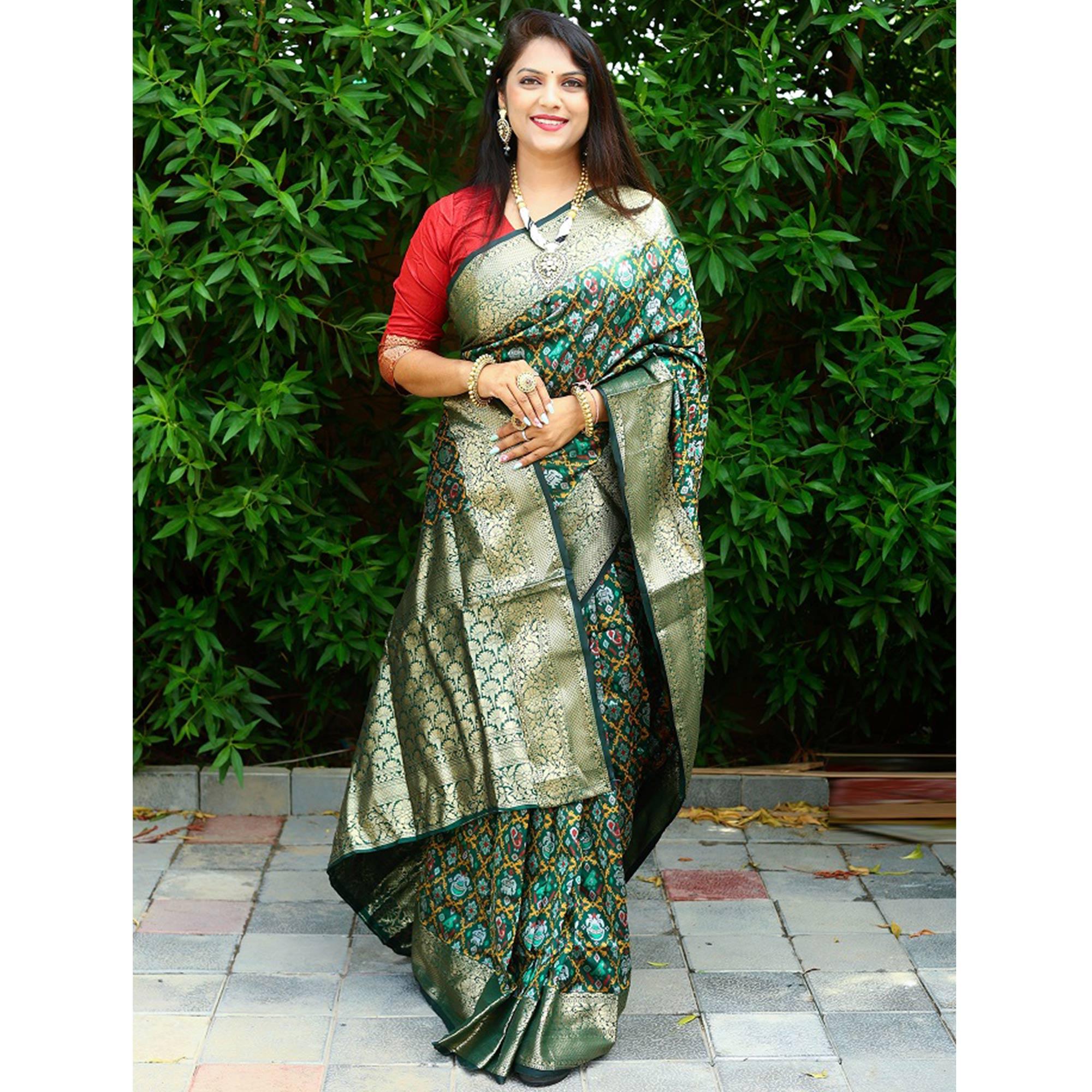 Green Ikkat Printed Art Silk Saree - Peachmode