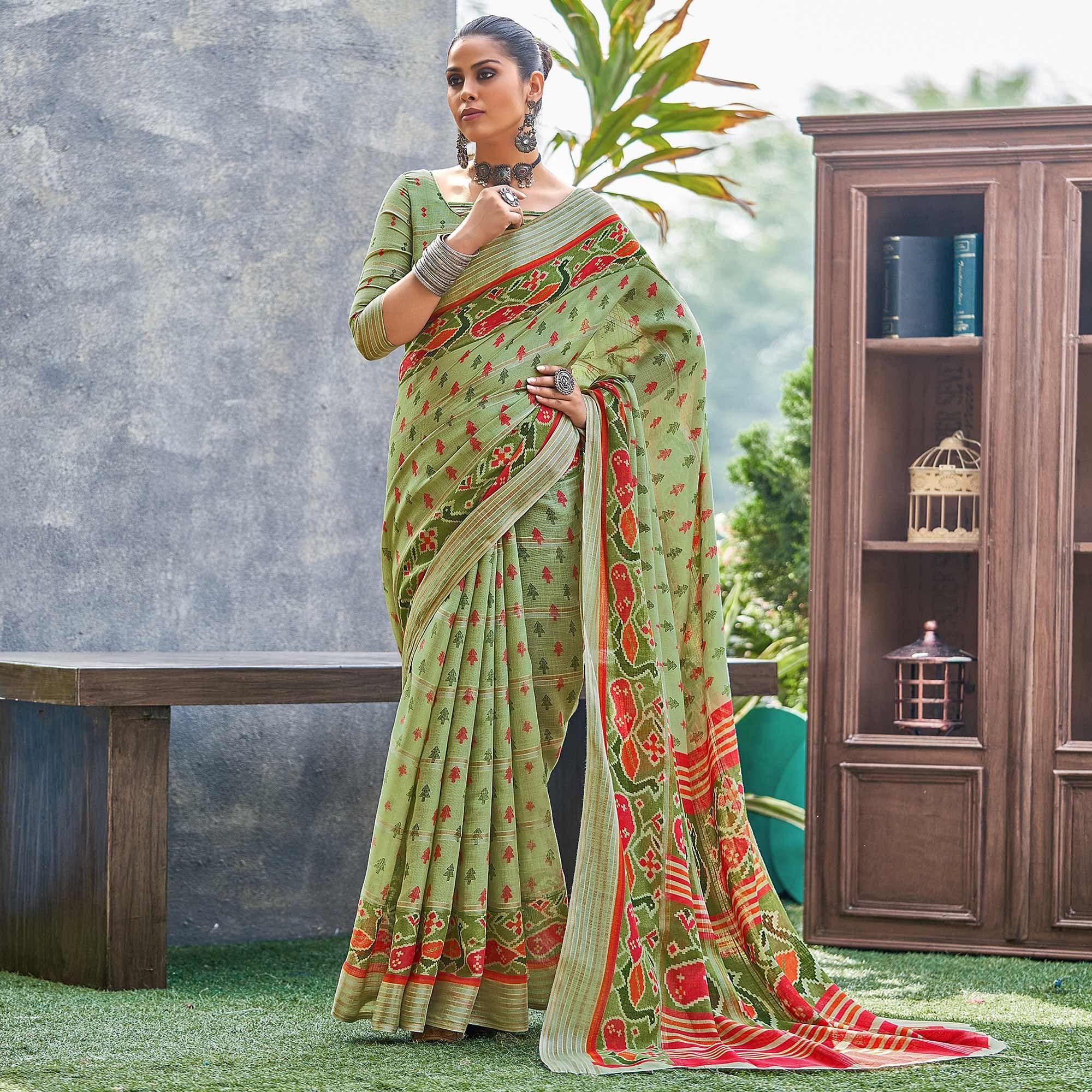 Green Ikkat Printed Linen Saree - Peachmode