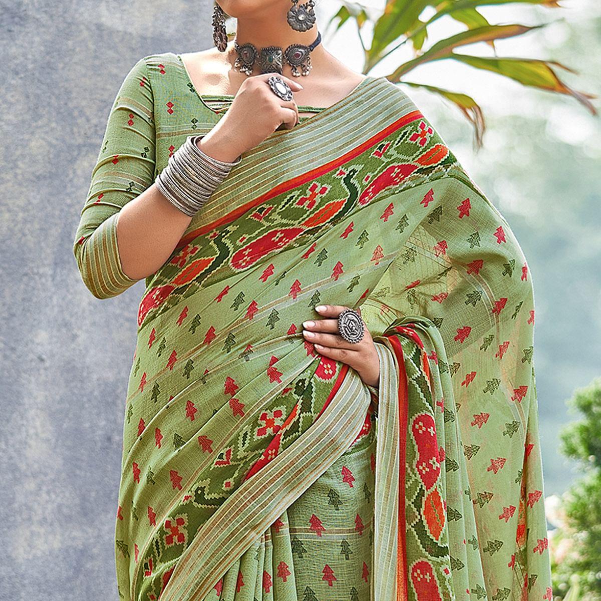 Green Ikkat Printed Linen Saree - Peachmode