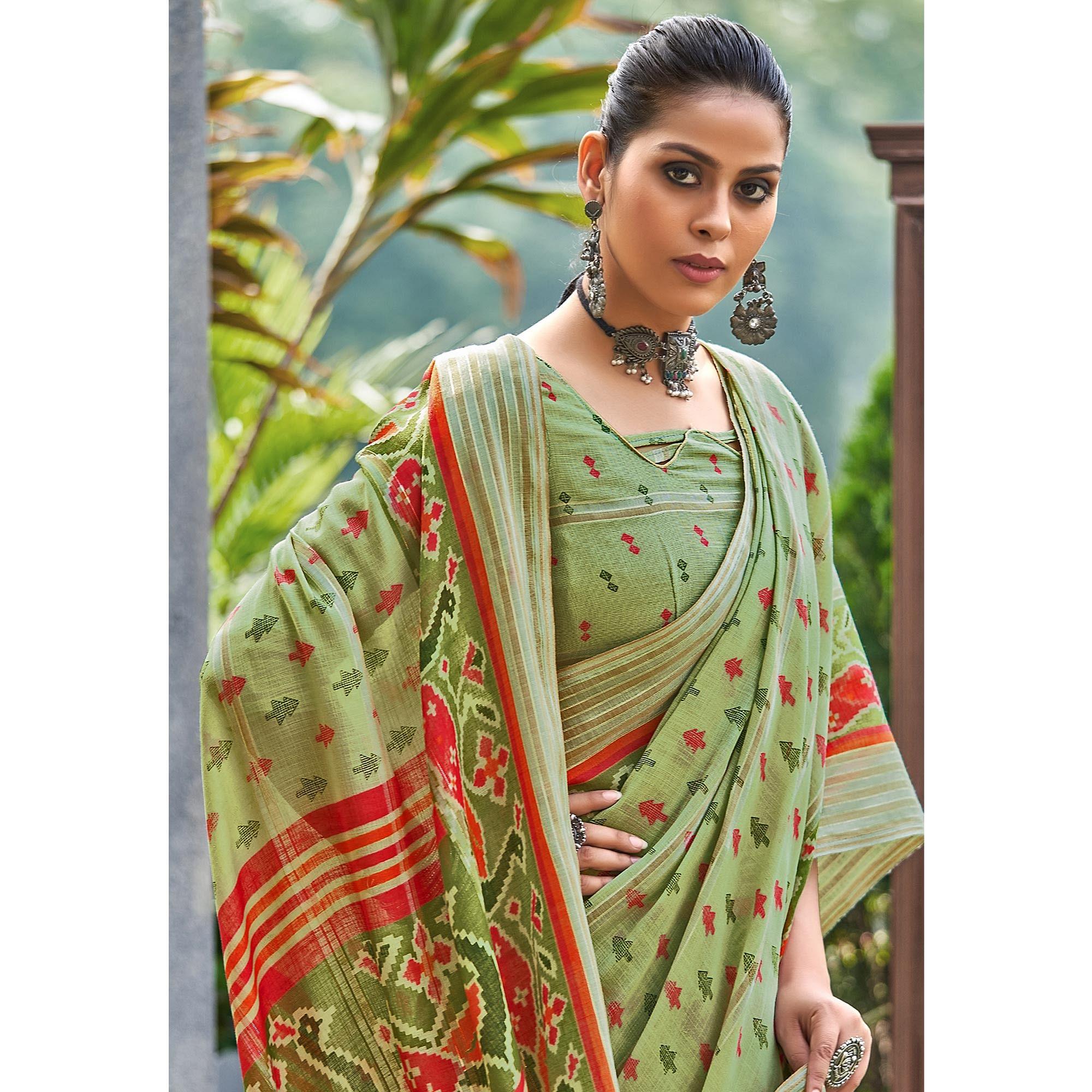 Green Ikkat Printed Linen Saree - Peachmode