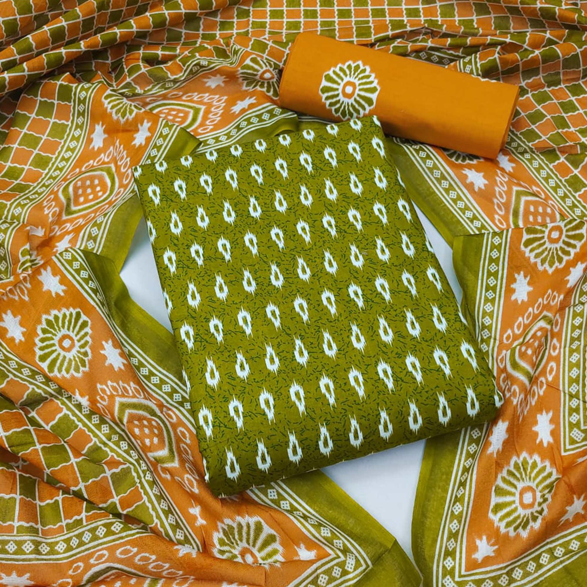 Green Ikkat Printed Pure Cotton Dress Material - Peachmode