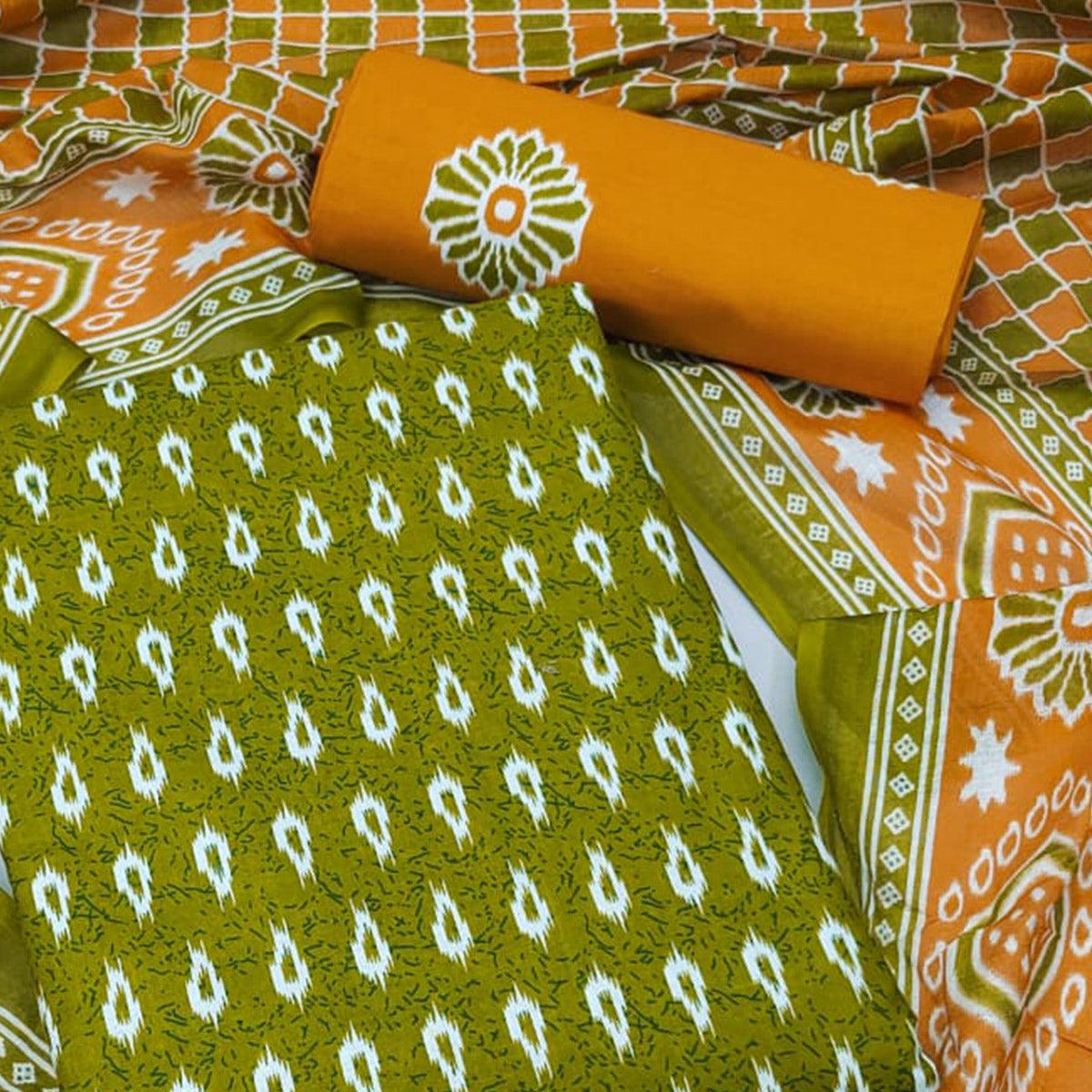 Green Ikkat Printed Pure Cotton Dress Material - Peachmode