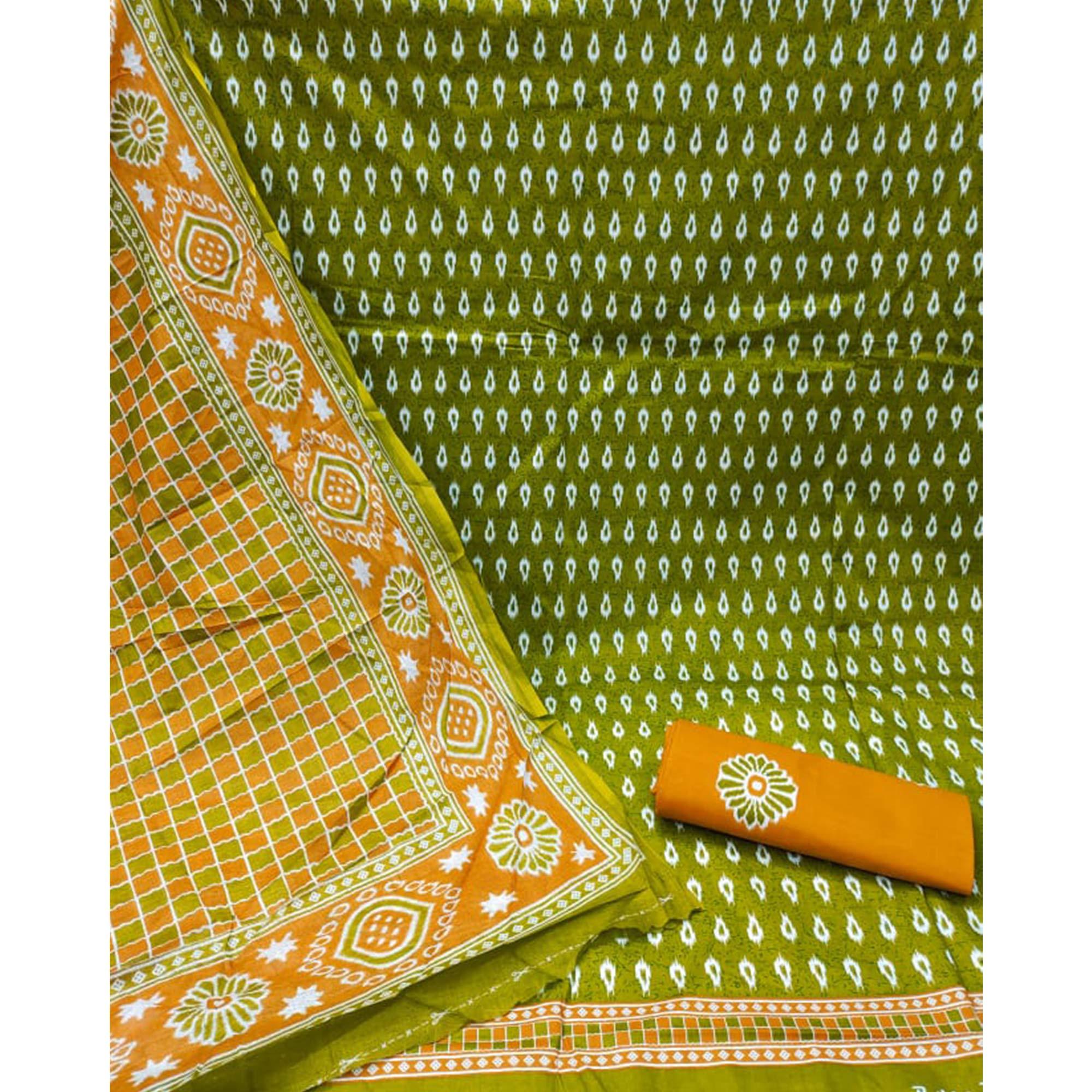 Green Ikkat Printed Pure Cotton Dress Material - Peachmode