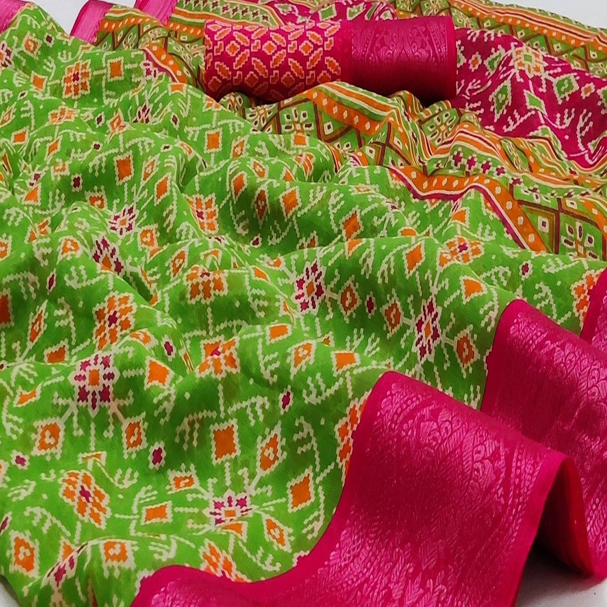 Green Ikkat Printed Pure Cotton Saree - Peachmode