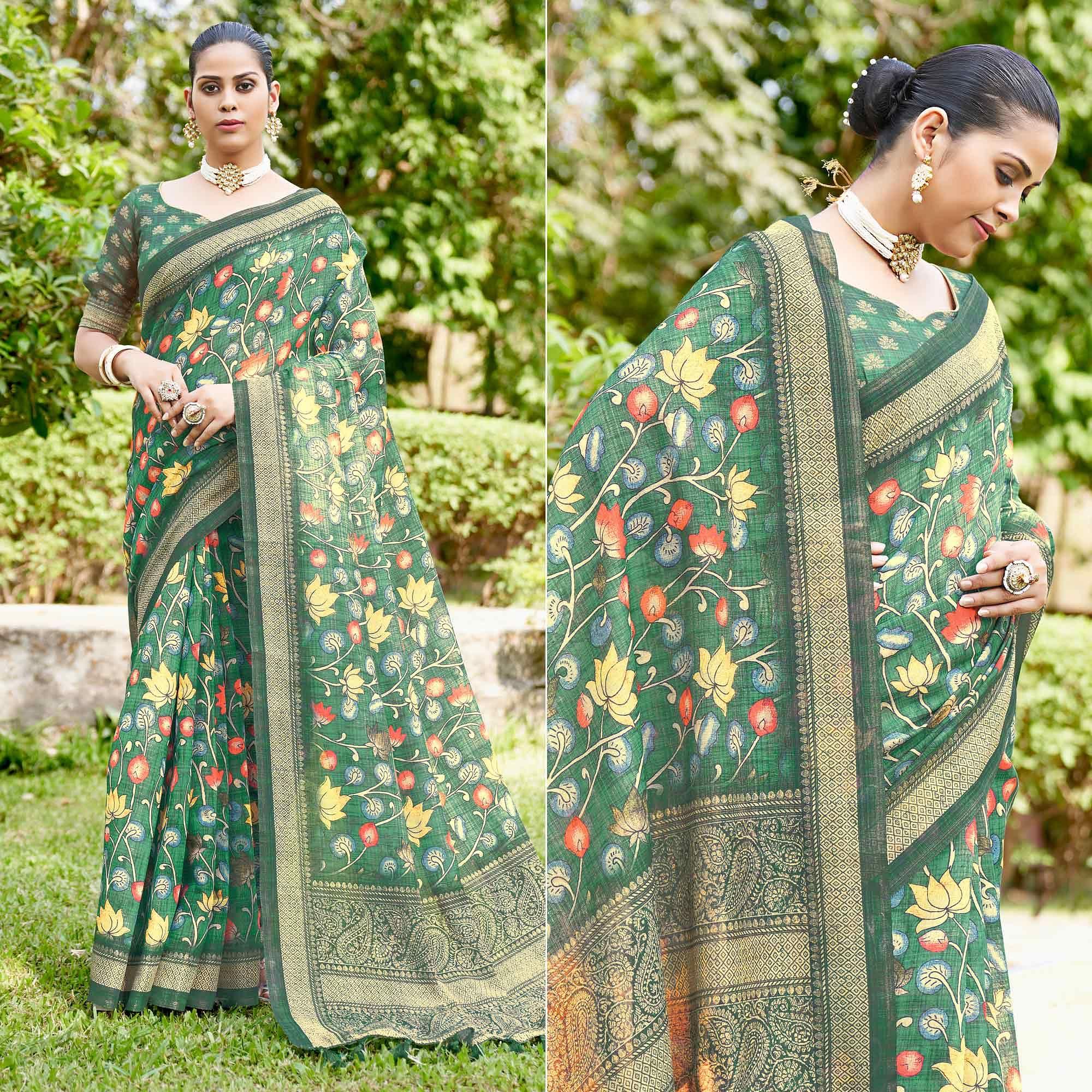 Green Kalamkari Digital Printed Linen Saree With Tassels - Peachmode