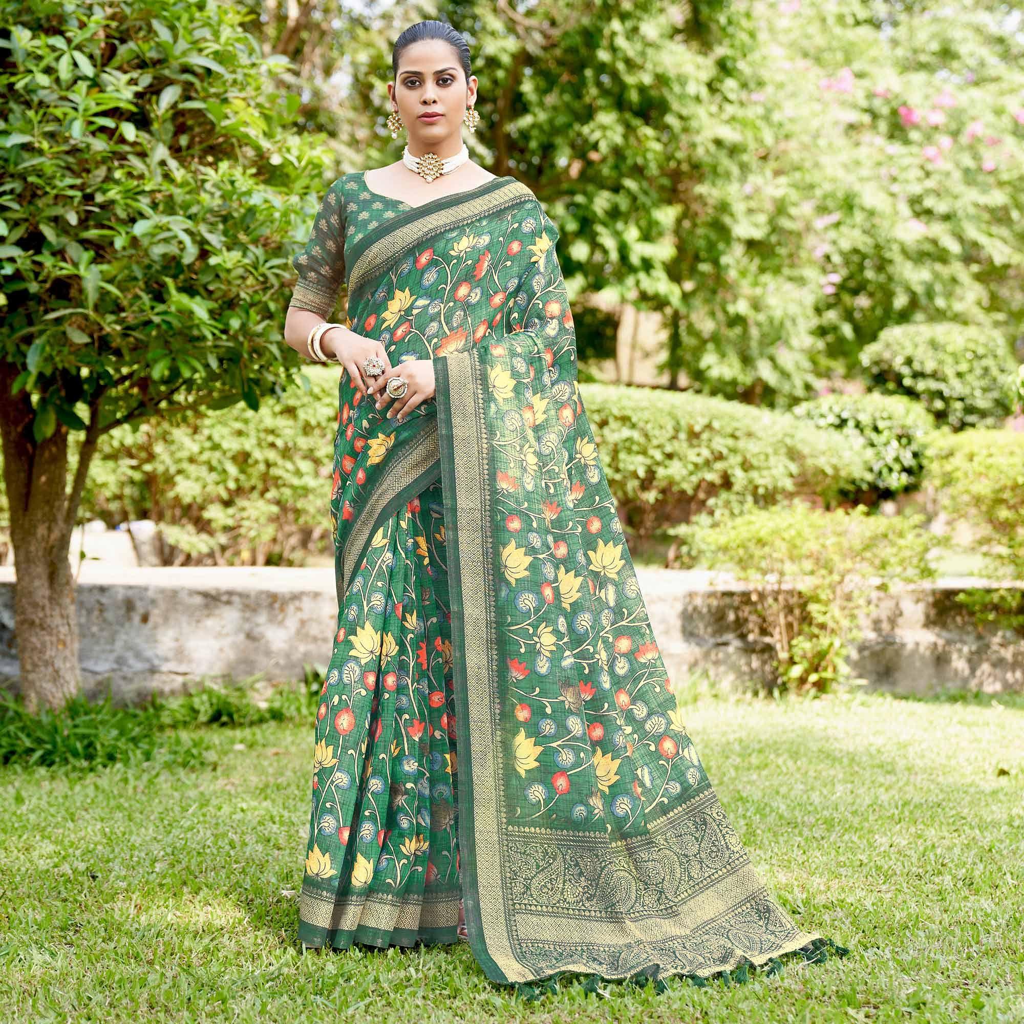 Green Kalamkari Digital Printed Linen Saree With Tassels - Peachmode