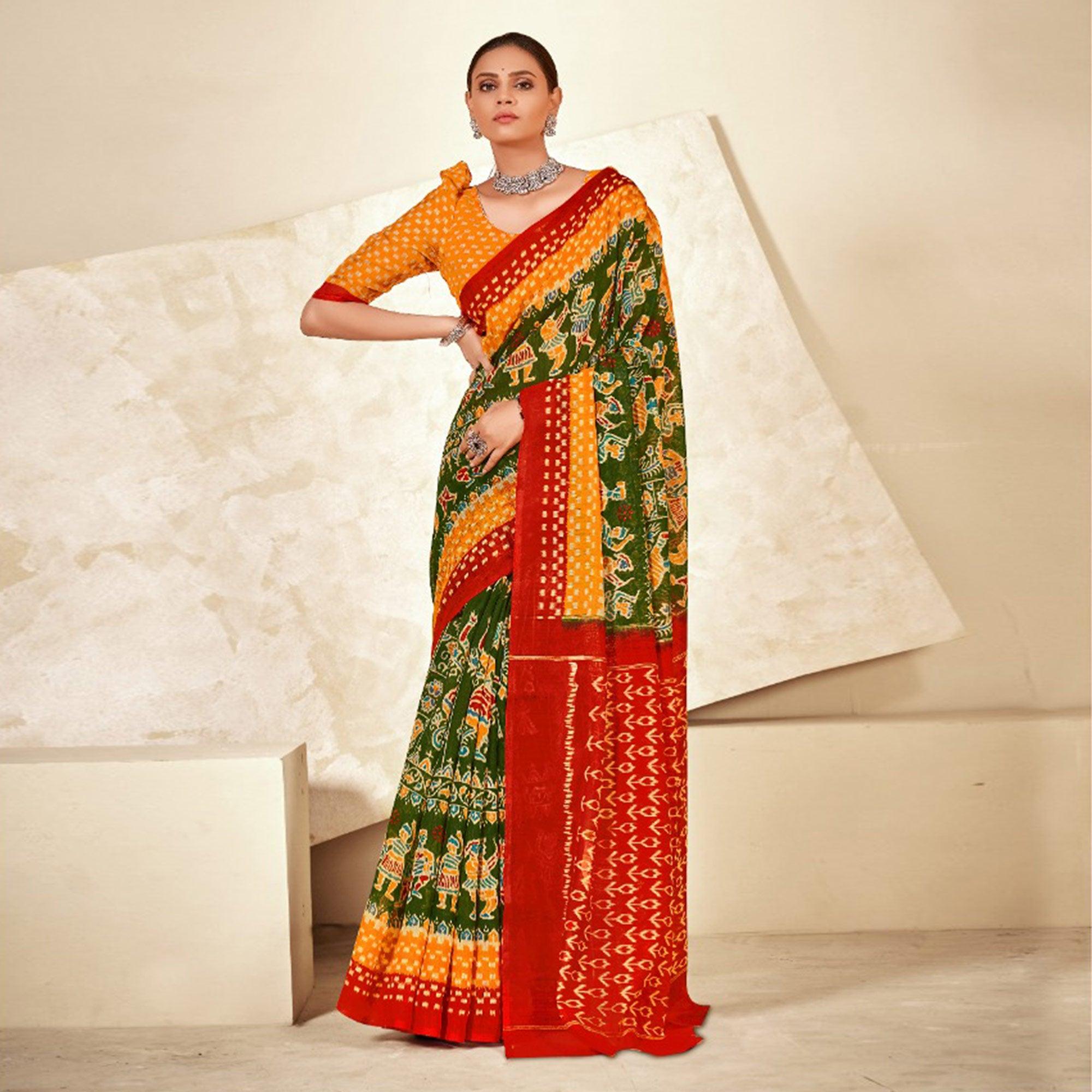 Green Kalamkari Printed Poly Cotton Saree - Peachmode