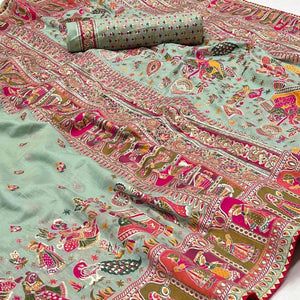 Green Kalamkari Woven Chanderi Saree - Peachmode