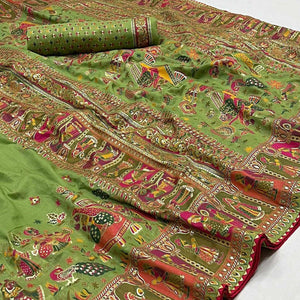 Green Kalamkari Woven Chanderi Saree - Peachmode
