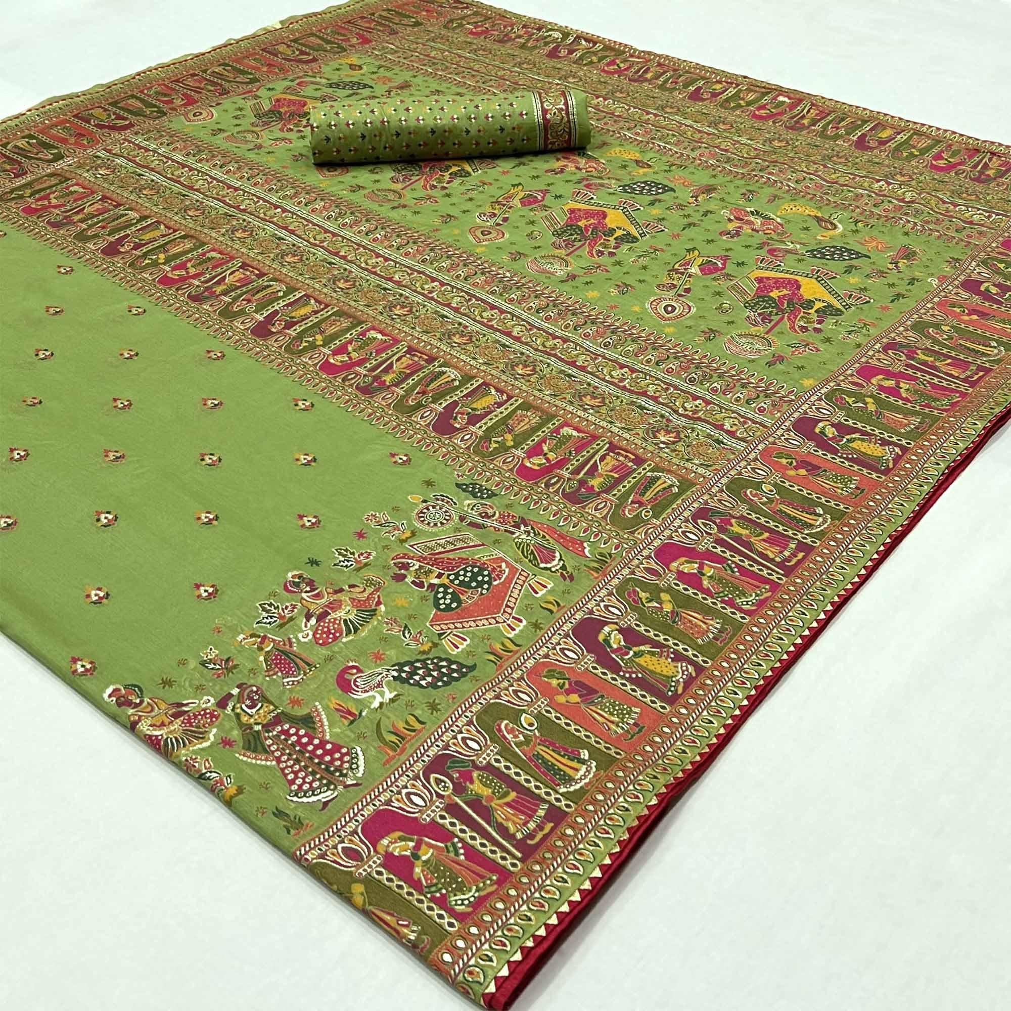 Green Kalamkari Woven Chanderi Saree - Peachmode