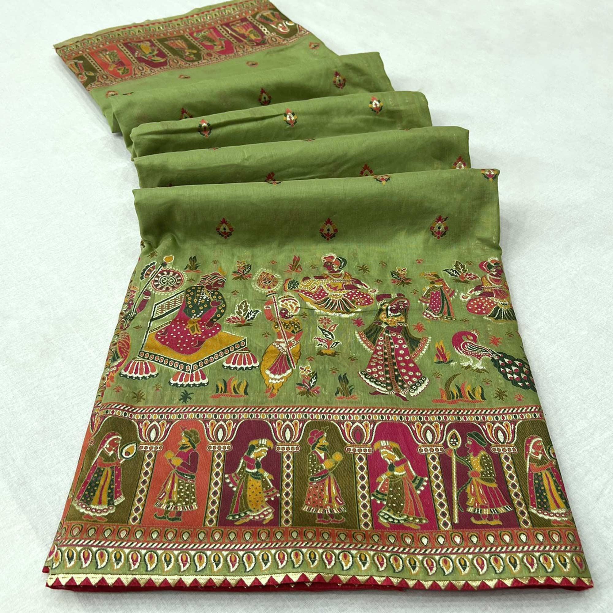 Green Kalamkari Woven Chanderi Saree - Peachmode