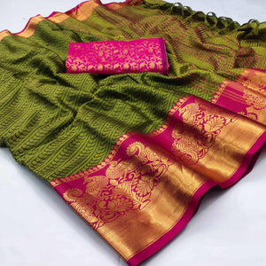 Green Kalamkari Woven Cotton Silk Saree - Peachmode