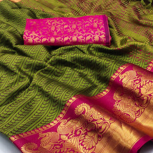 Green Kalamkari Woven Cotton Silk Saree - Peachmode