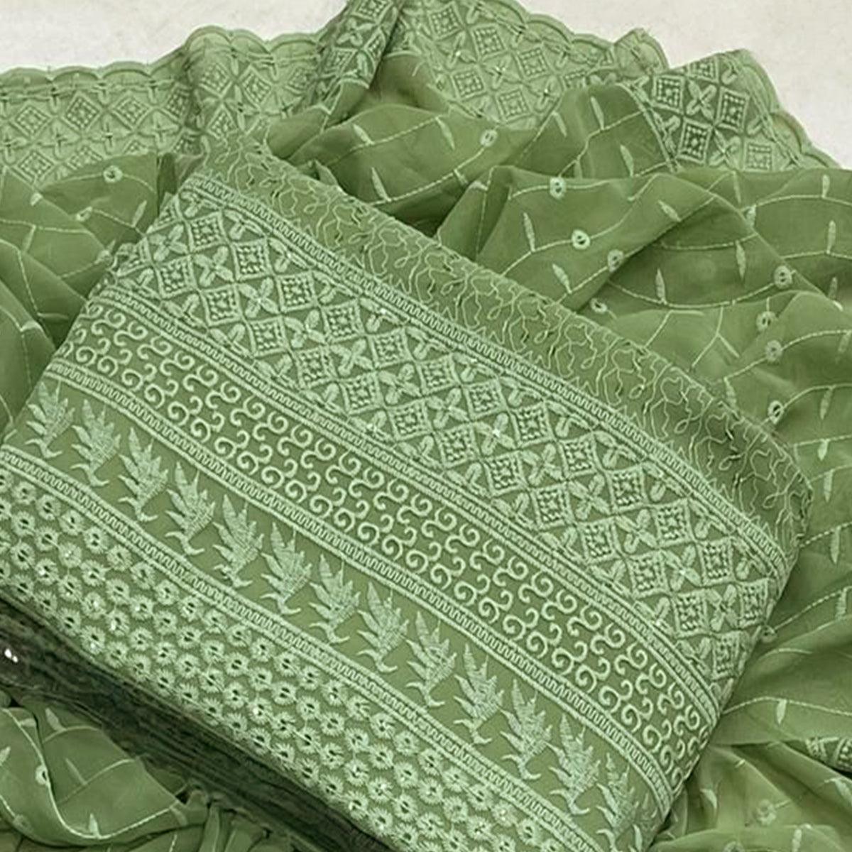 Green Lucknowi Embroidered Georgette Dress Material - Peachmode