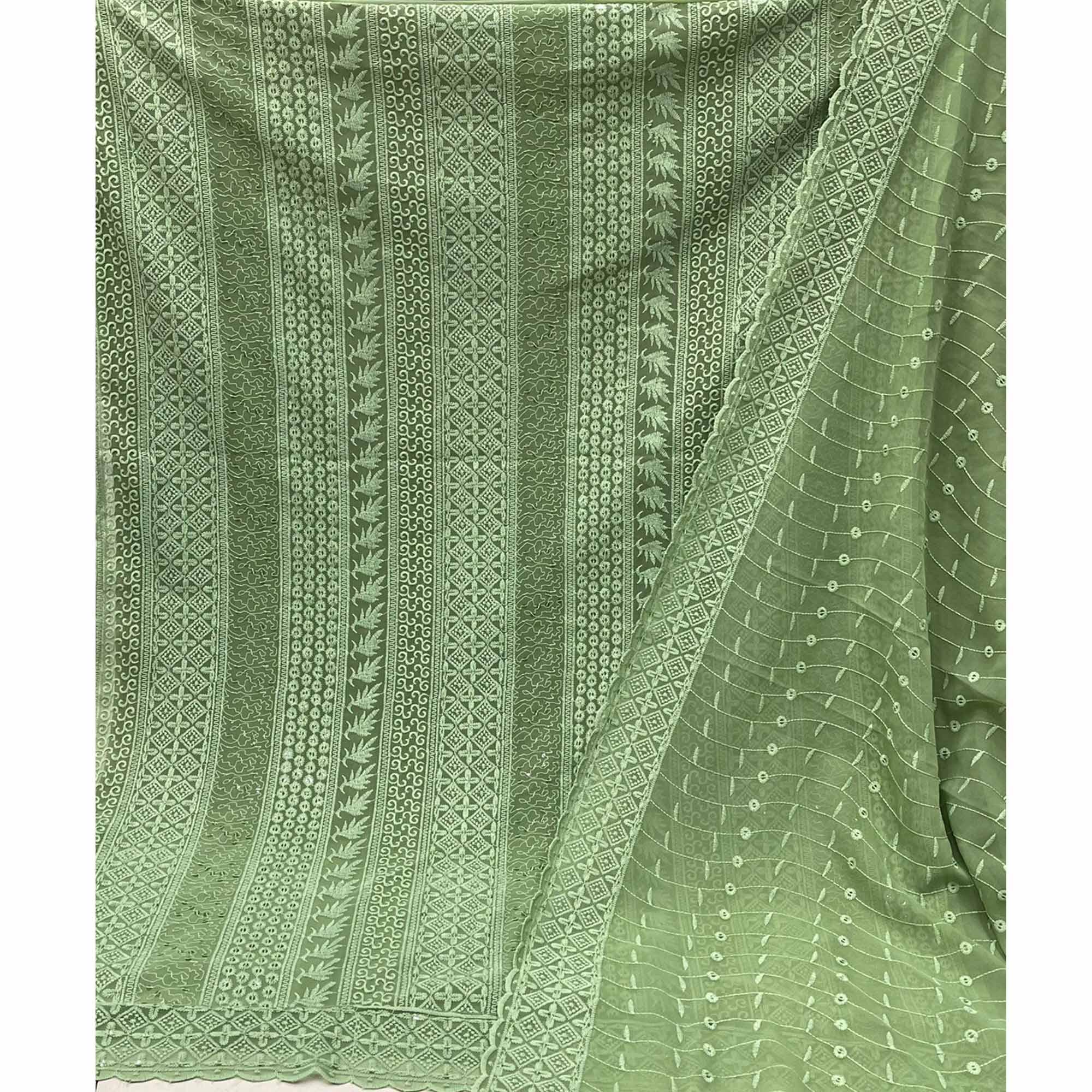 Green Lucknowi Embroidered Georgette Dress Material - Peachmode