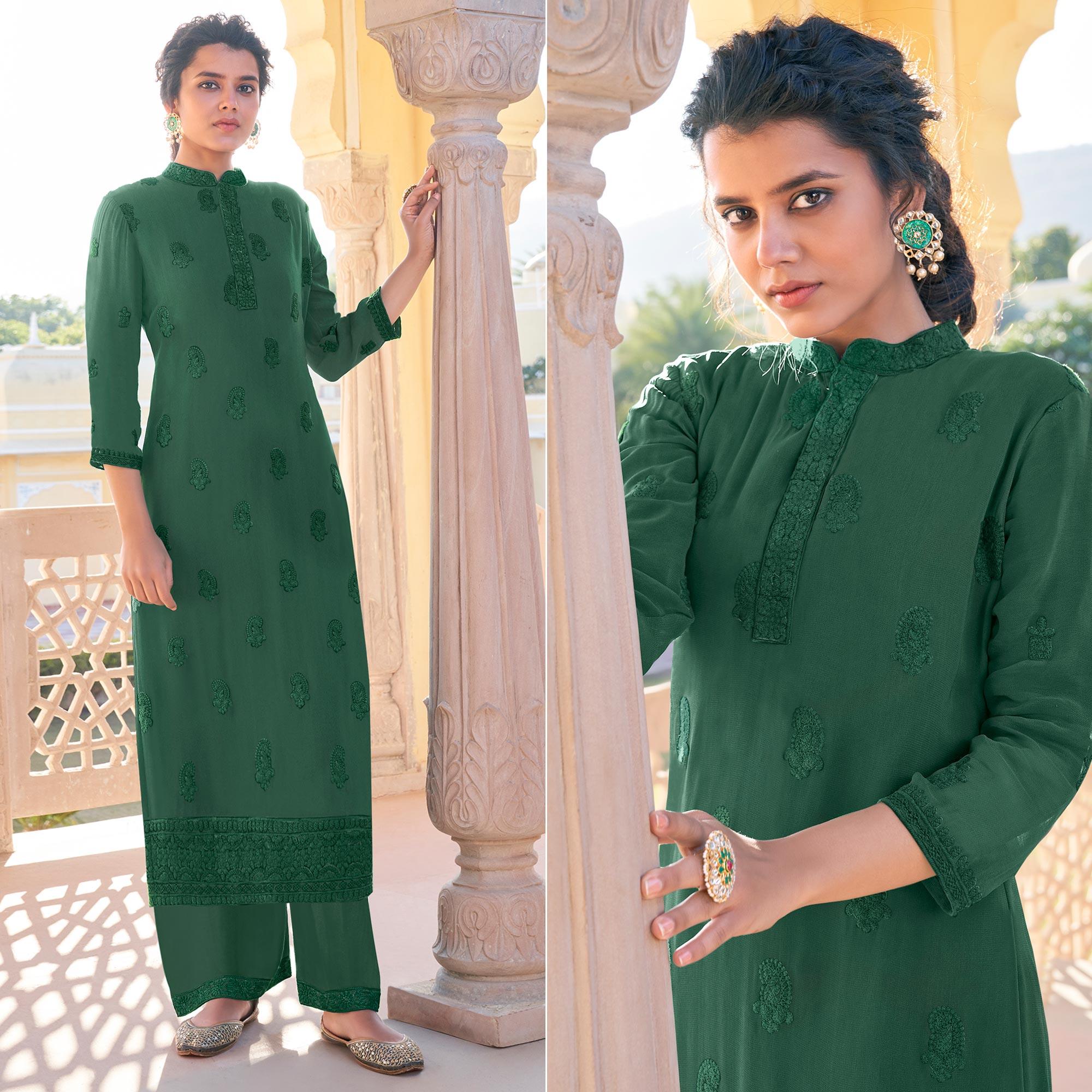 Green Lucknowi Embroidered Georgette Kurti Palazzo Set - Peachmode