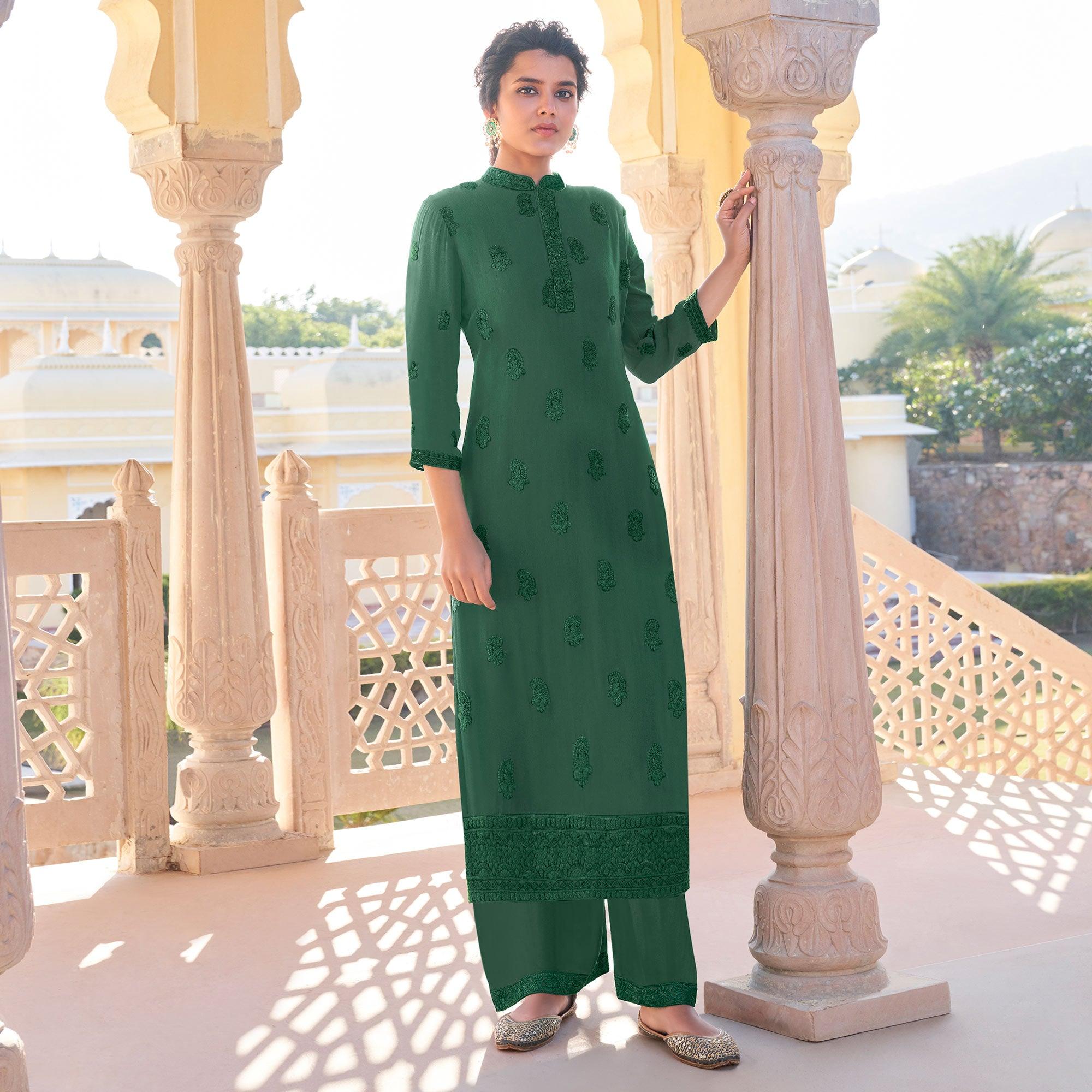 Green Lucknowi Embroidered Georgette Kurti Palazzo Set - Peachmode