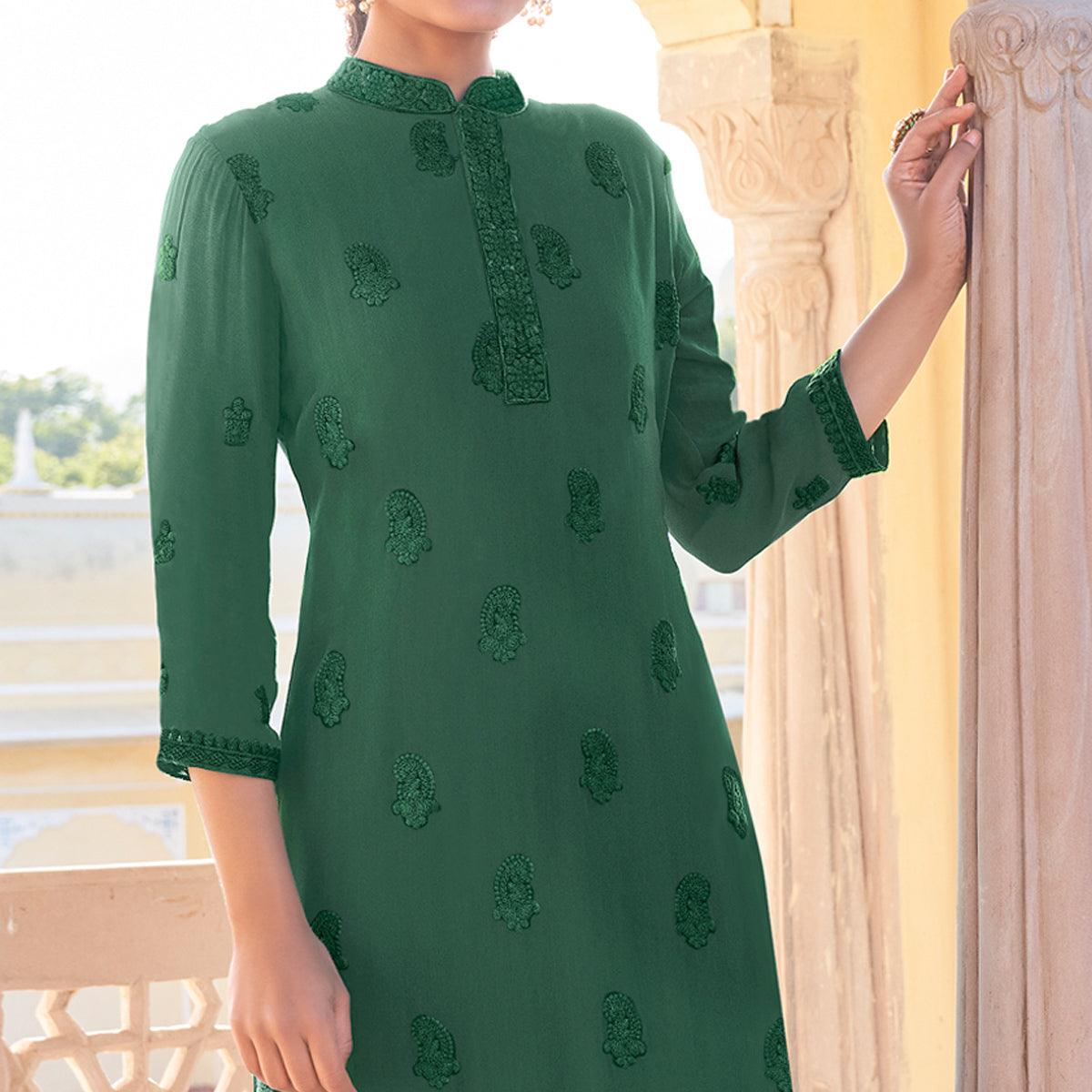 Green Lucknowi Embroidered Georgette Kurti Palazzo Set - Peachmode