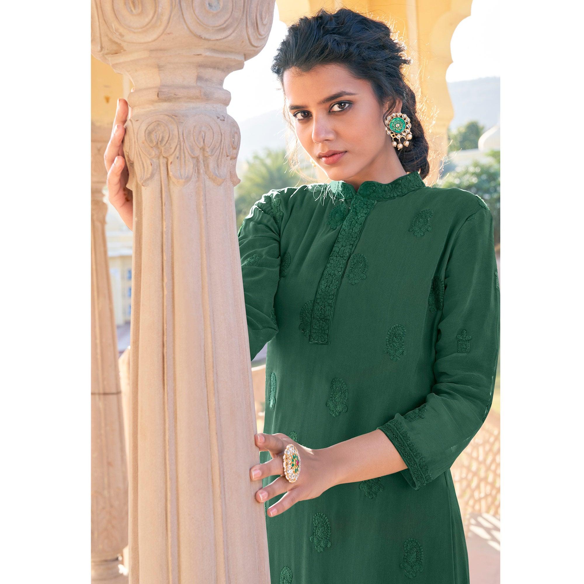 Green Lucknowi Embroidered Georgette Kurti Palazzo Set - Peachmode