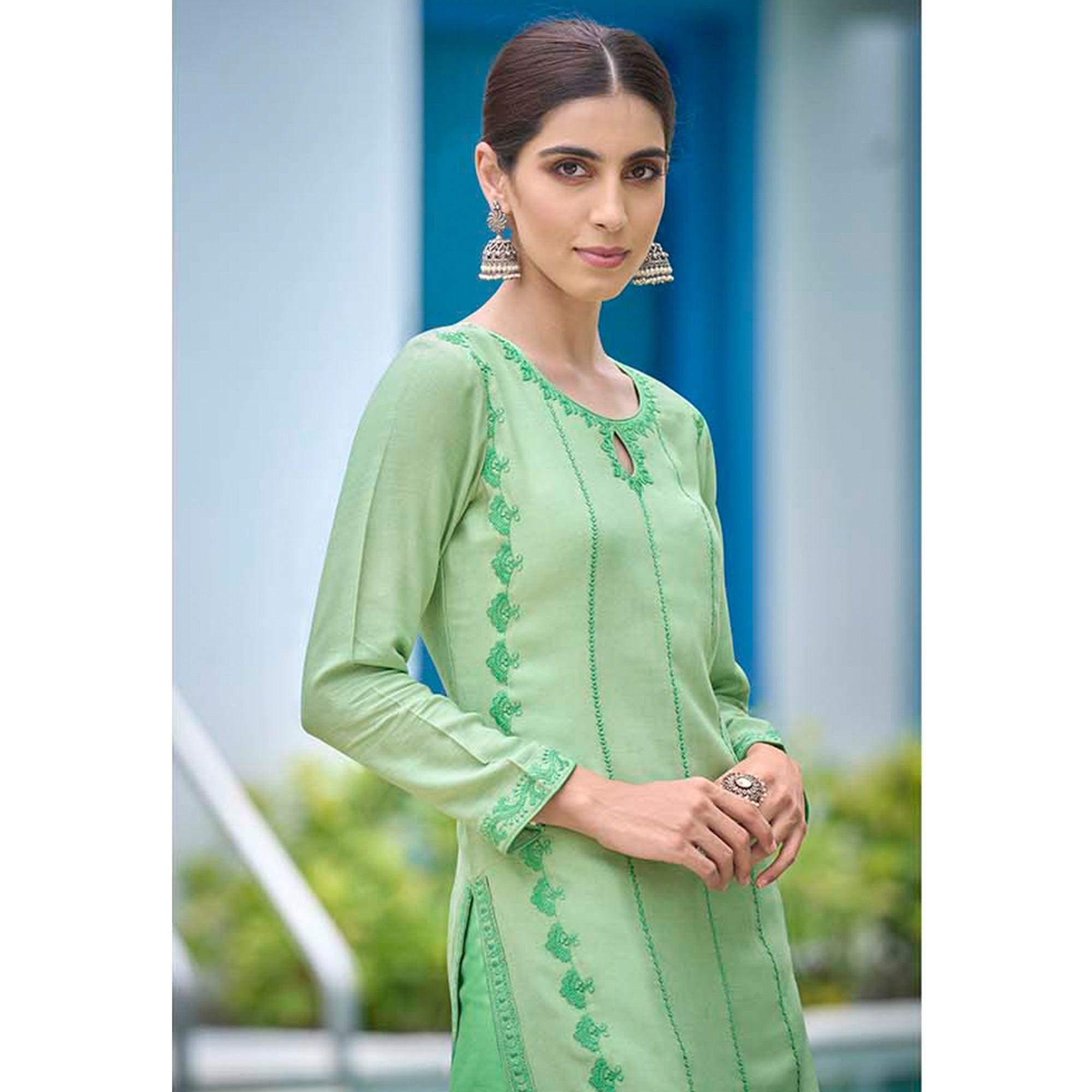 Green Lucknowi Embroidered Rayon Kurti - Peachmode