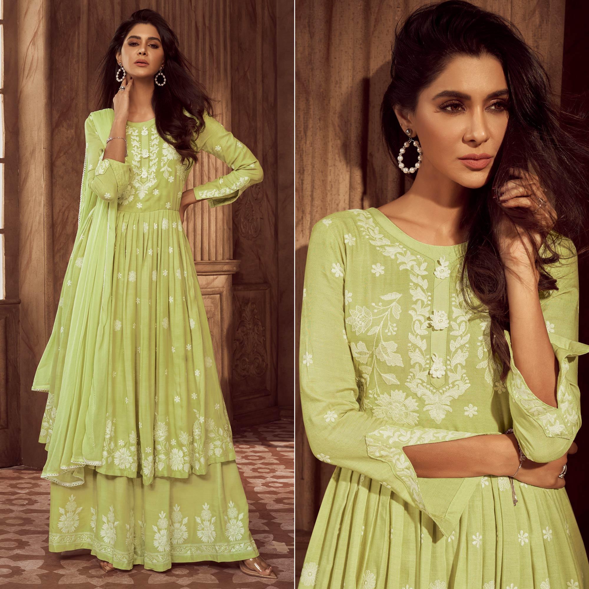 Green Lucknowi Embroidered Rayon Palazzo Suit - Peachmode
