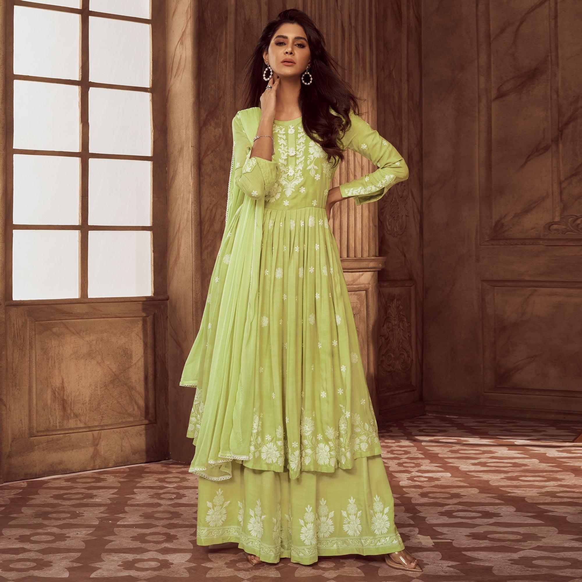 Green Lucknowi Embroidered Rayon Palazzo Suit - Peachmode