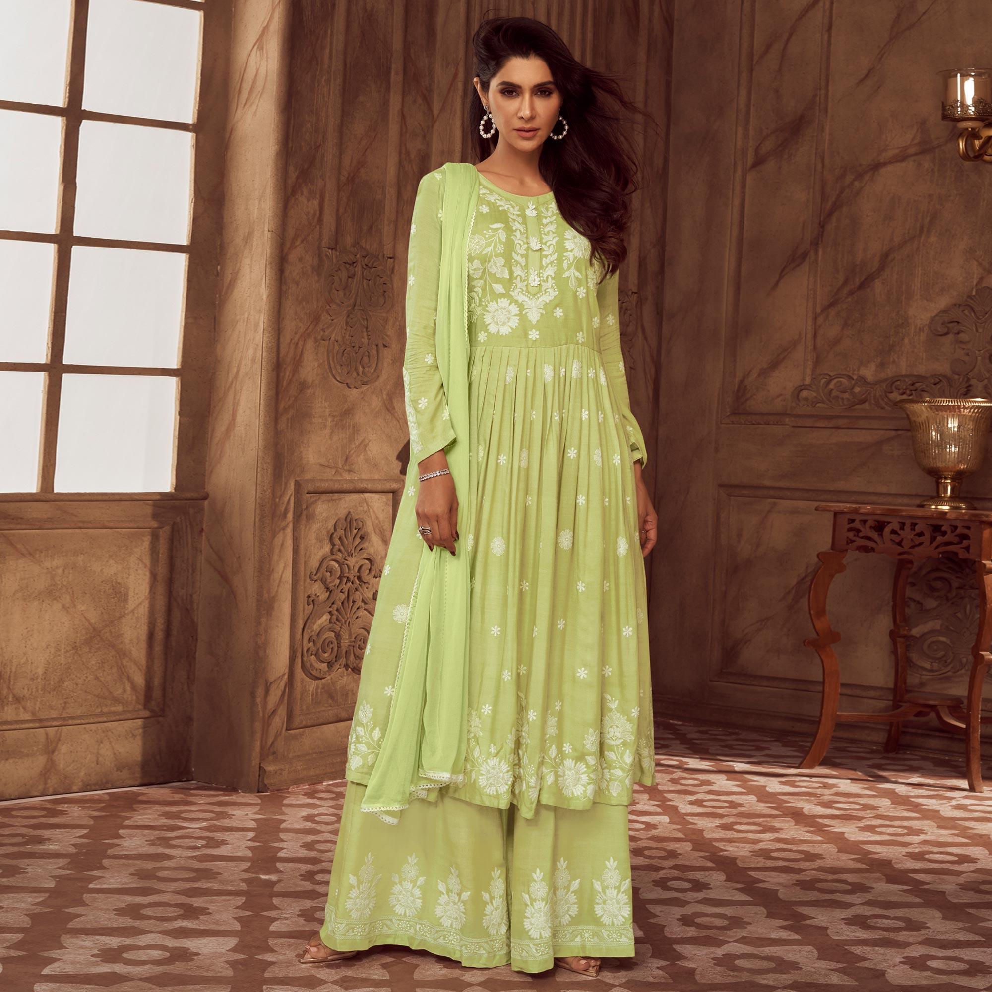 Green Lucknowi Embroidered Rayon Palazzo Suit - Peachmode